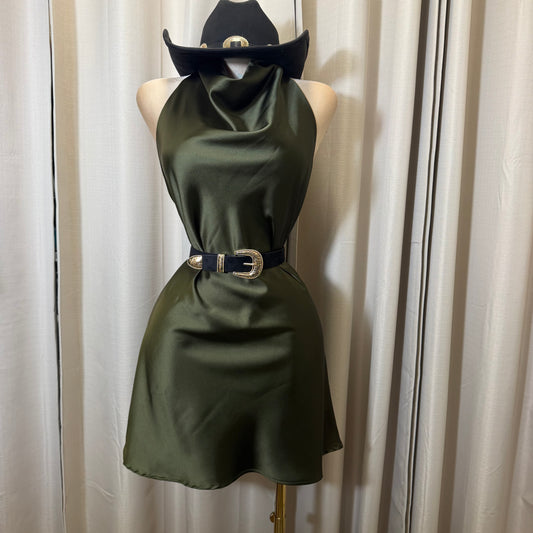Halter Satin Mini Dress-Olive