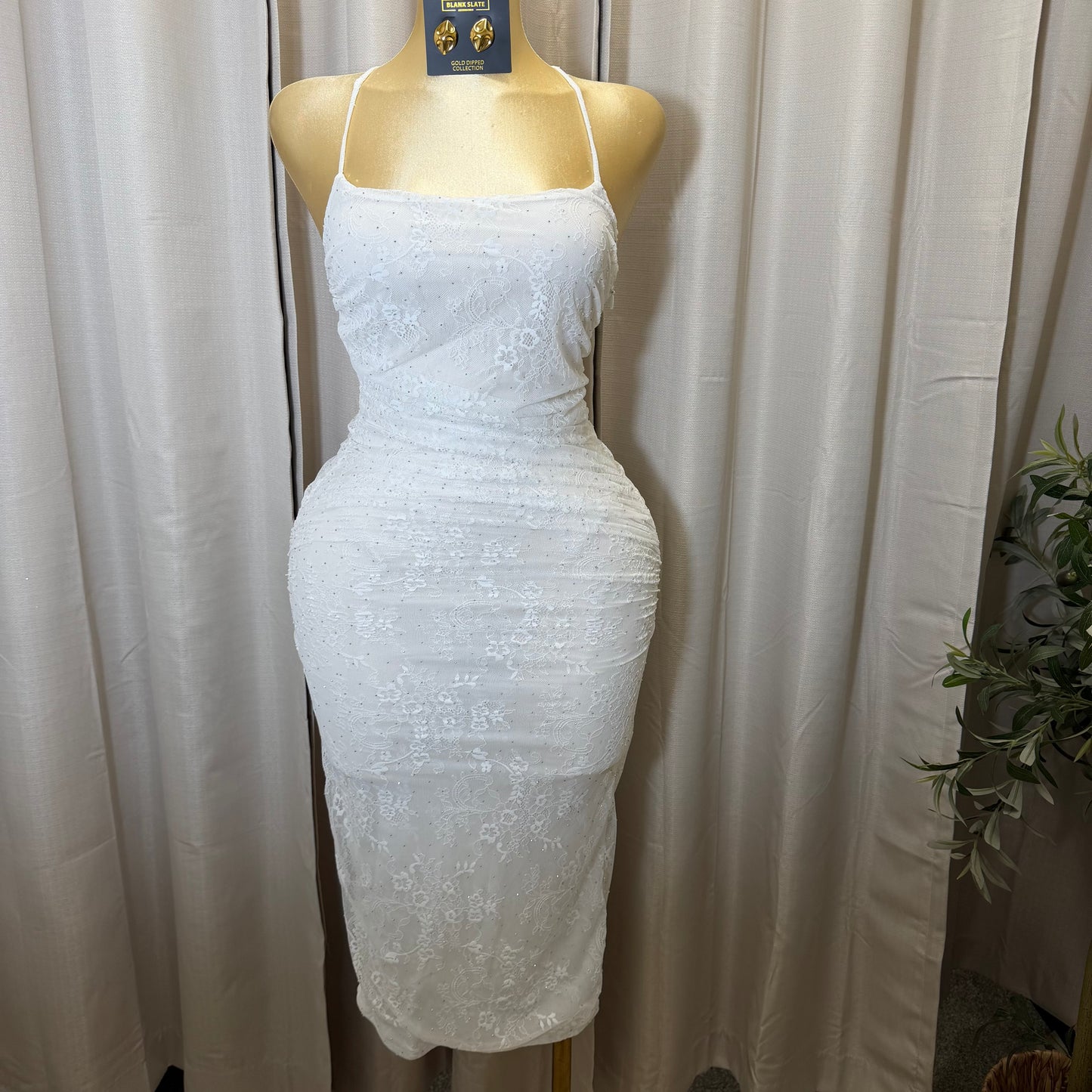LACE RUCHED MIDI DRESS-White/Ivory
