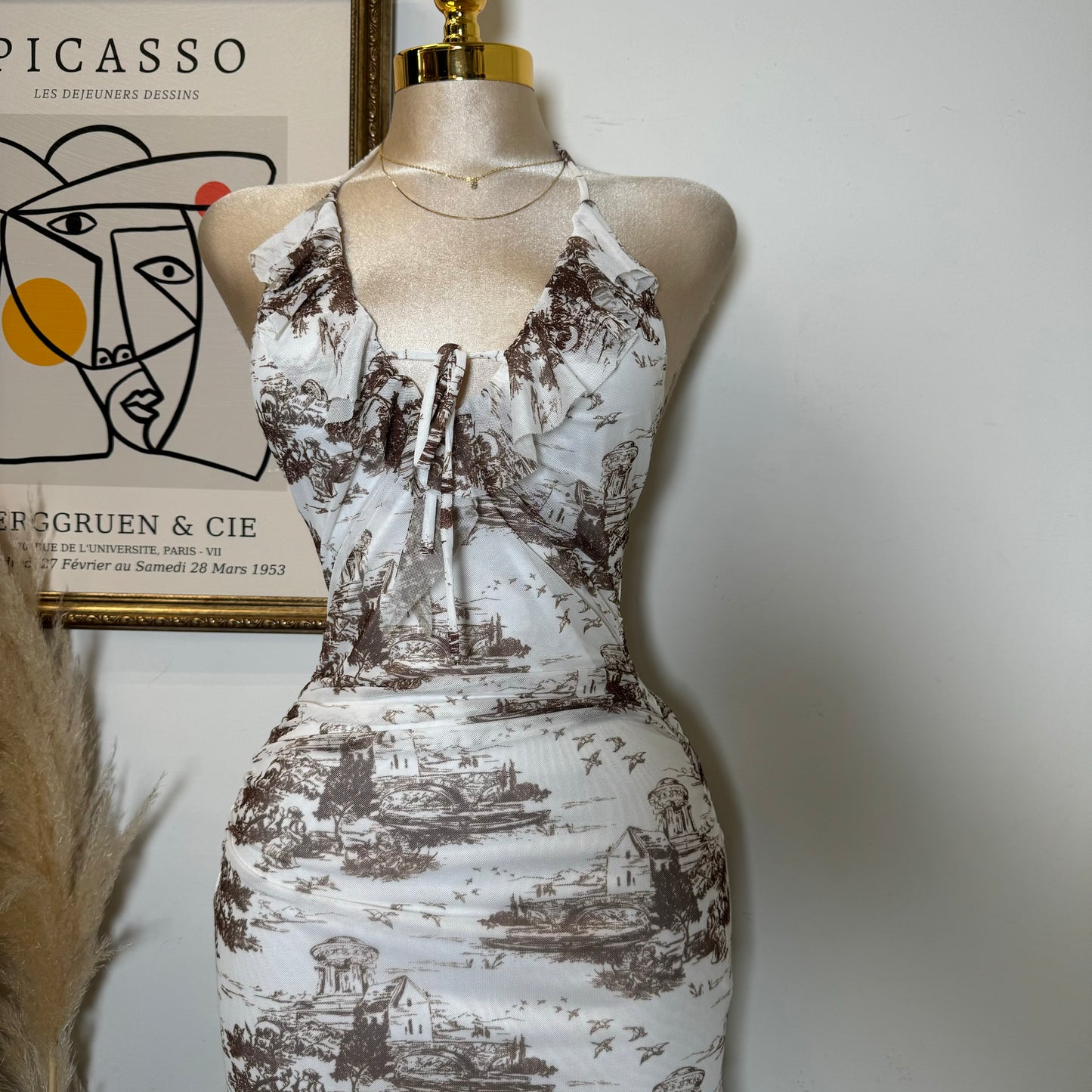 Mesh Open Slit Halter Dress-Brown