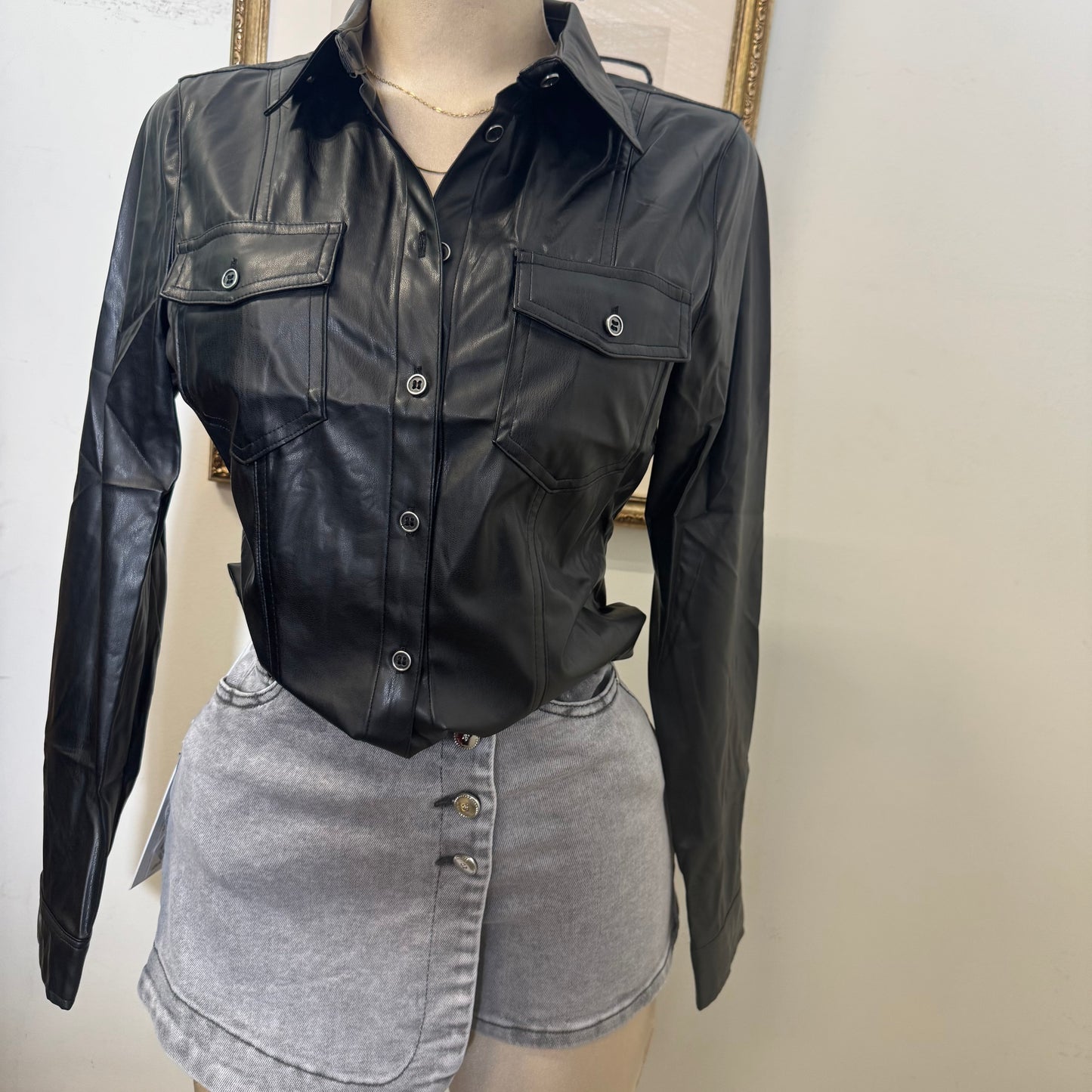 PU Faux Leather Shirt with button closure-Black