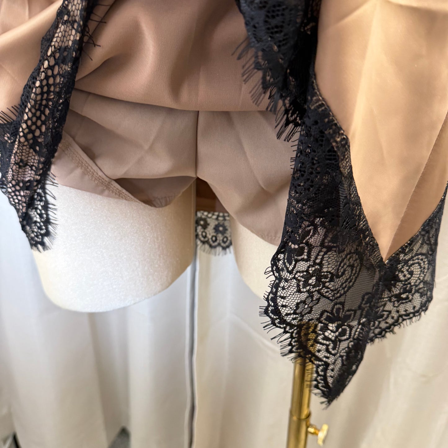 Satin Asymmetrical lace Top skirt Set-brown