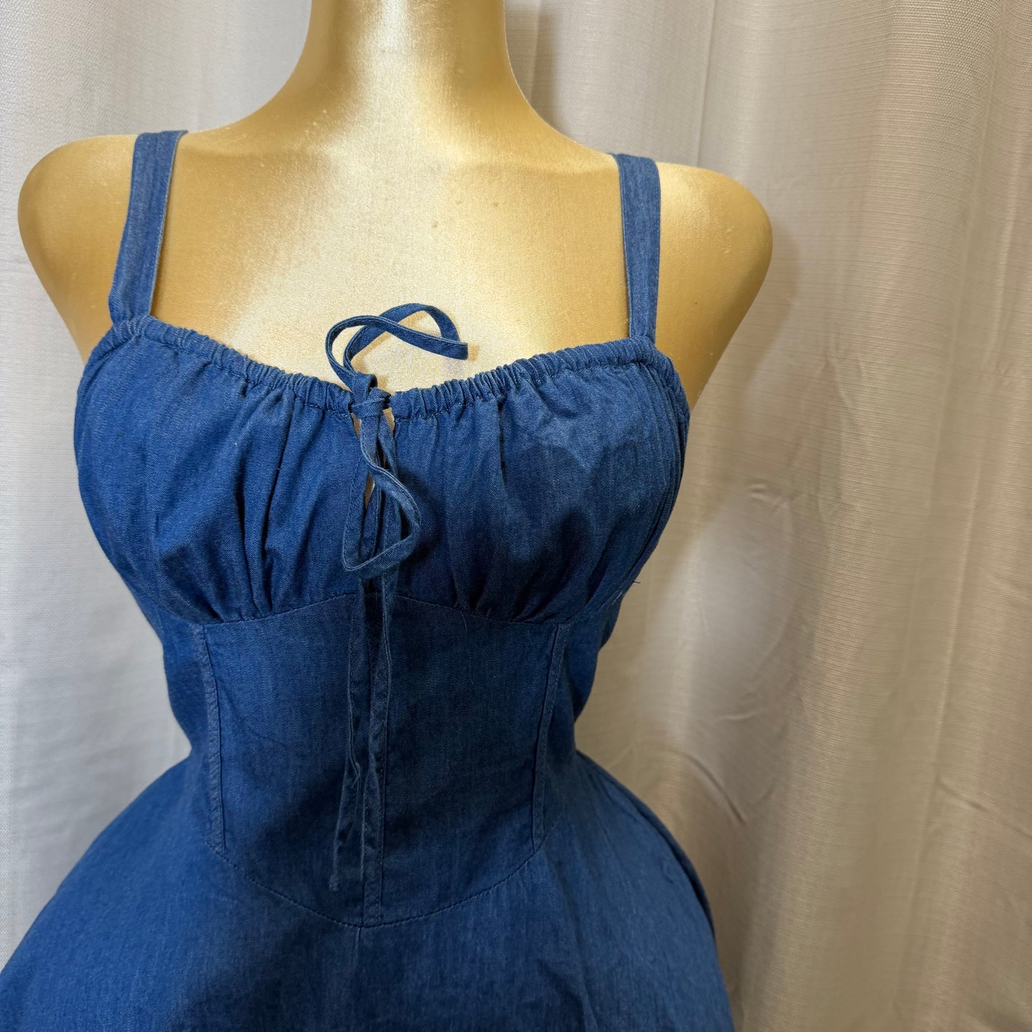 Drawstring Sweetheart Neck Denim Mini Dress-Denim Blue
