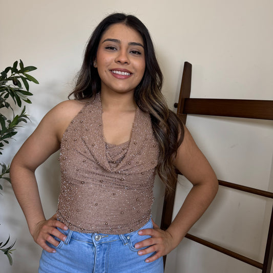 Cowl beaded Halter Top-Mocha
