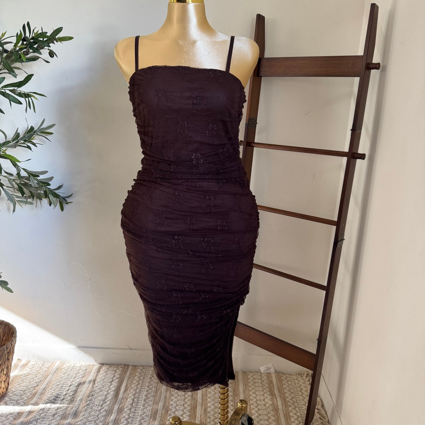 Lace Midi Dress Plus size-Brown