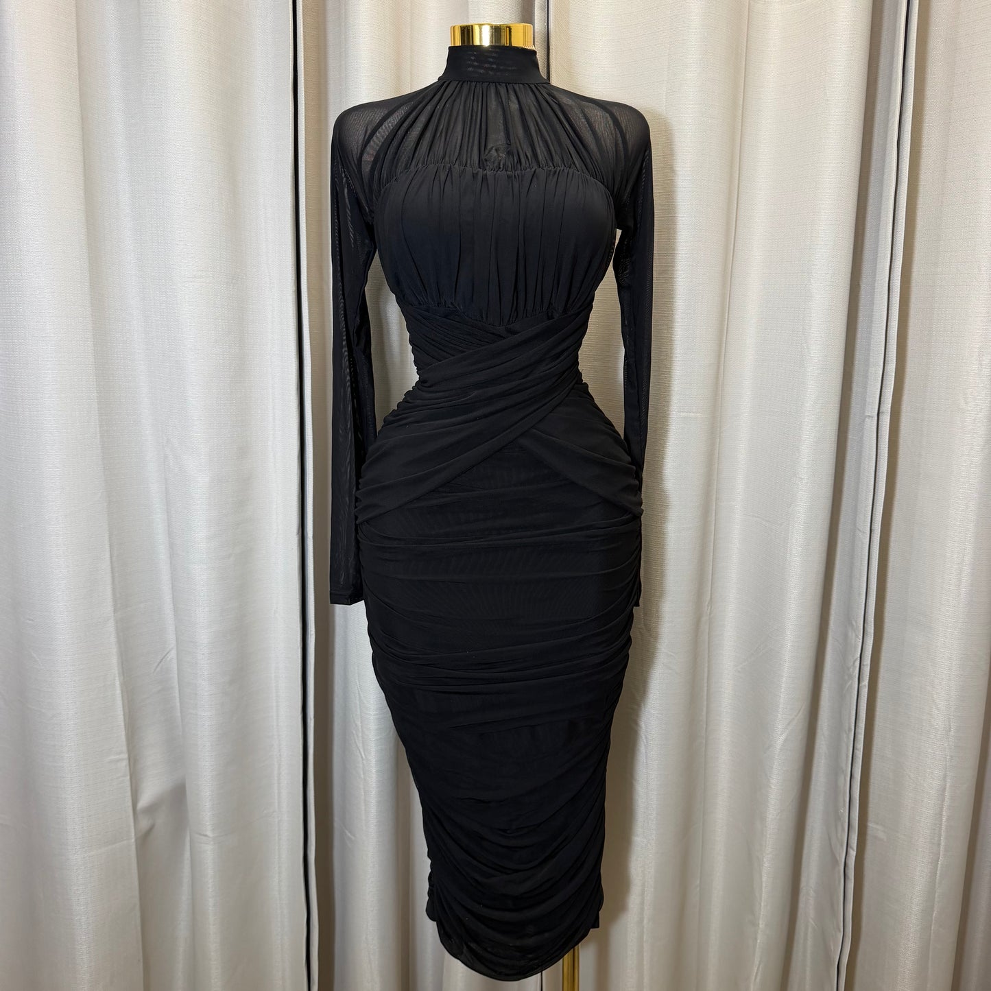 Long sleeve Mesh  Dress-Black
