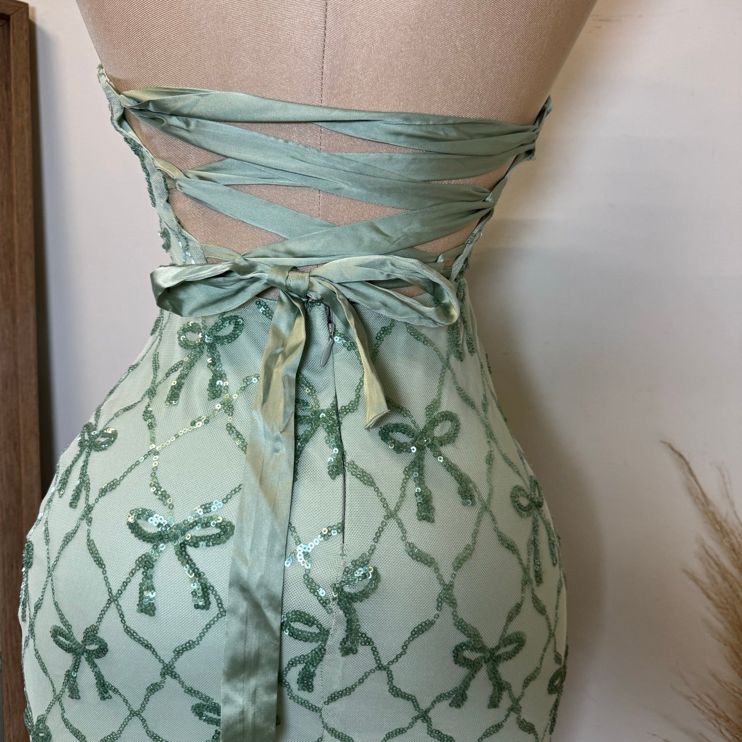 Bow Sequins Strapless Corset Dress-Green Sage