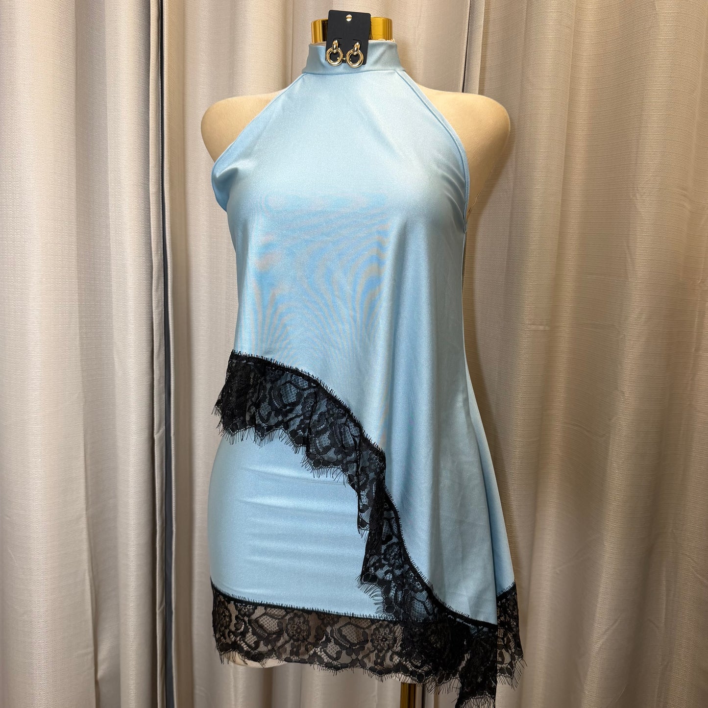 Asymmetrical Lace Skirt Set-Blue