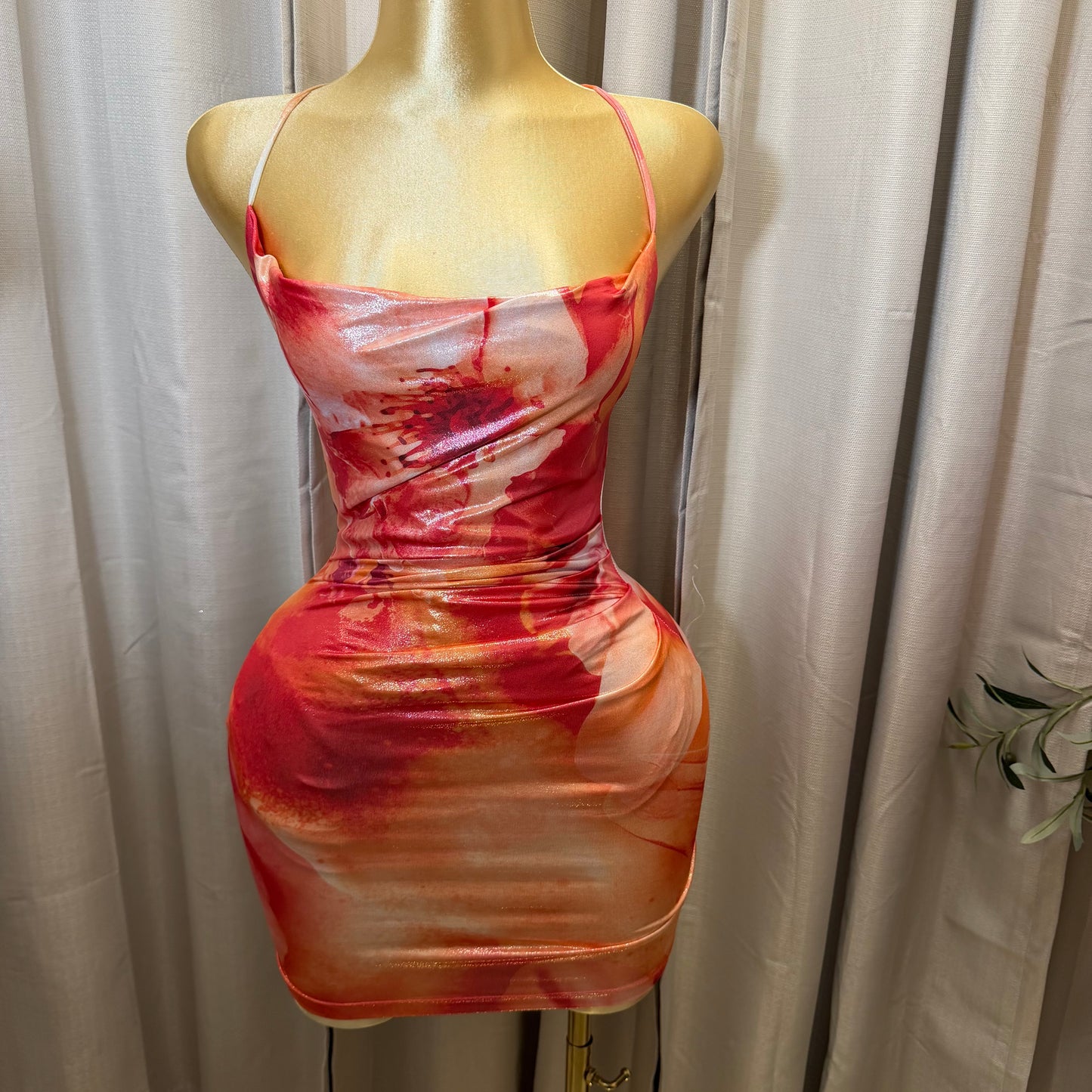 Foil Floral Cowl Neck Pleated Bodycon Mini Dress-Red Combo