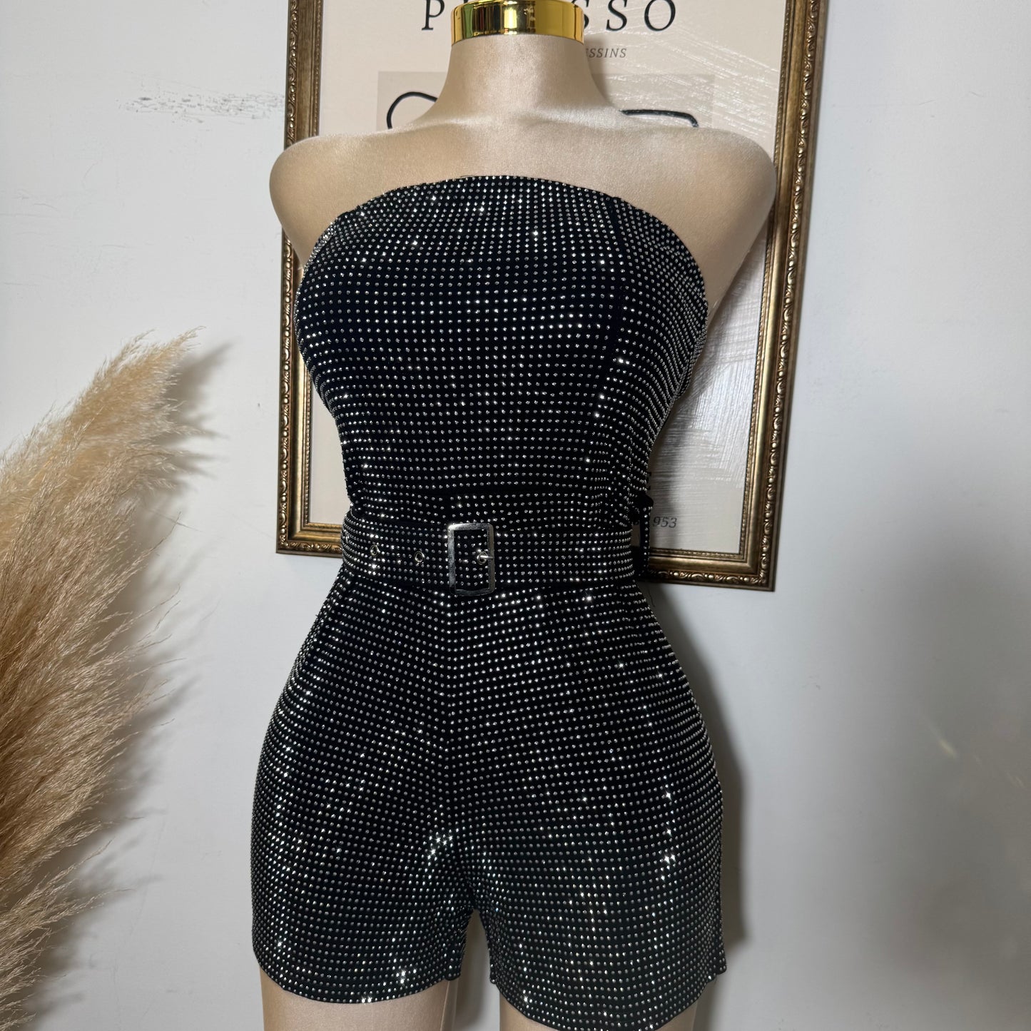 Strapless Rhinestone Romper With Belt-Black