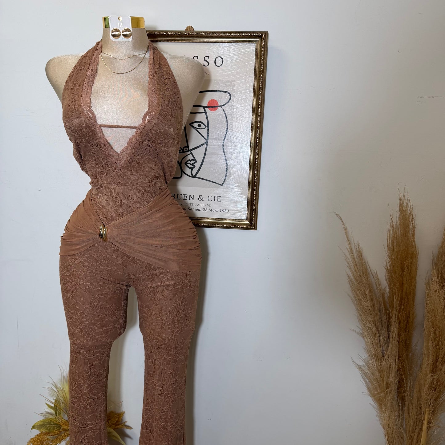 Halter Lace Jumpsuit Gold Detail-Brown