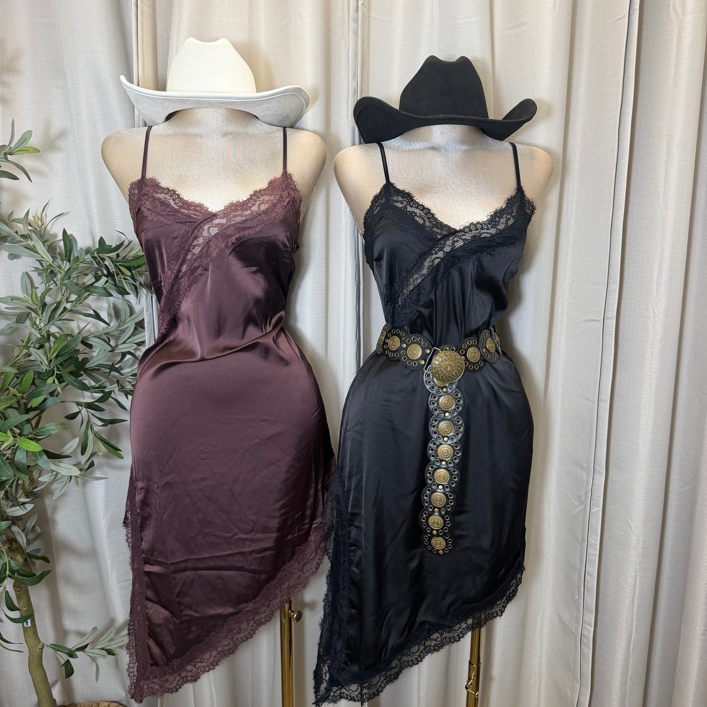 Asymmetric Satin With Lace Trim Detail Dress-Black