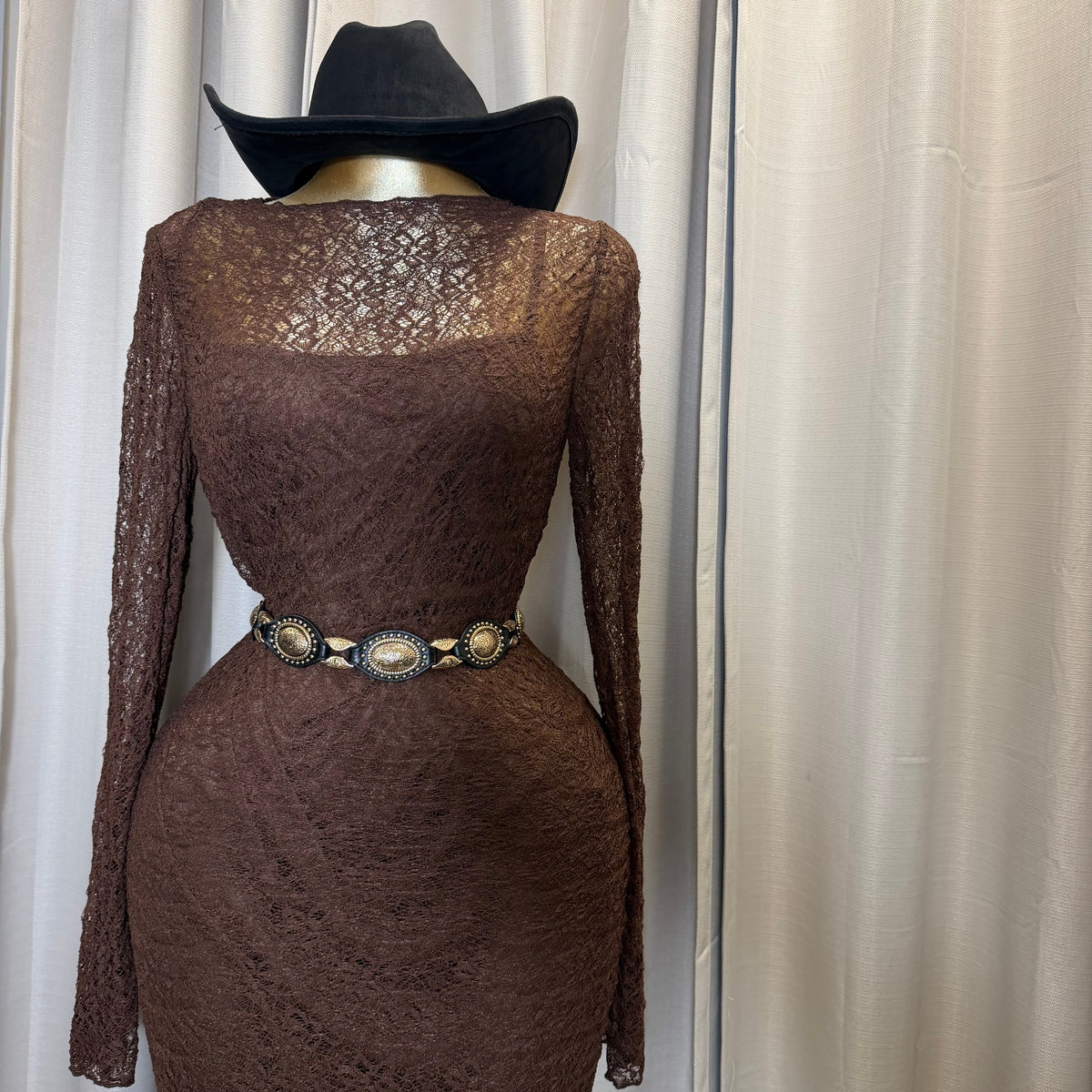 PL- Long sleeve Lace Midi Dress-Brown