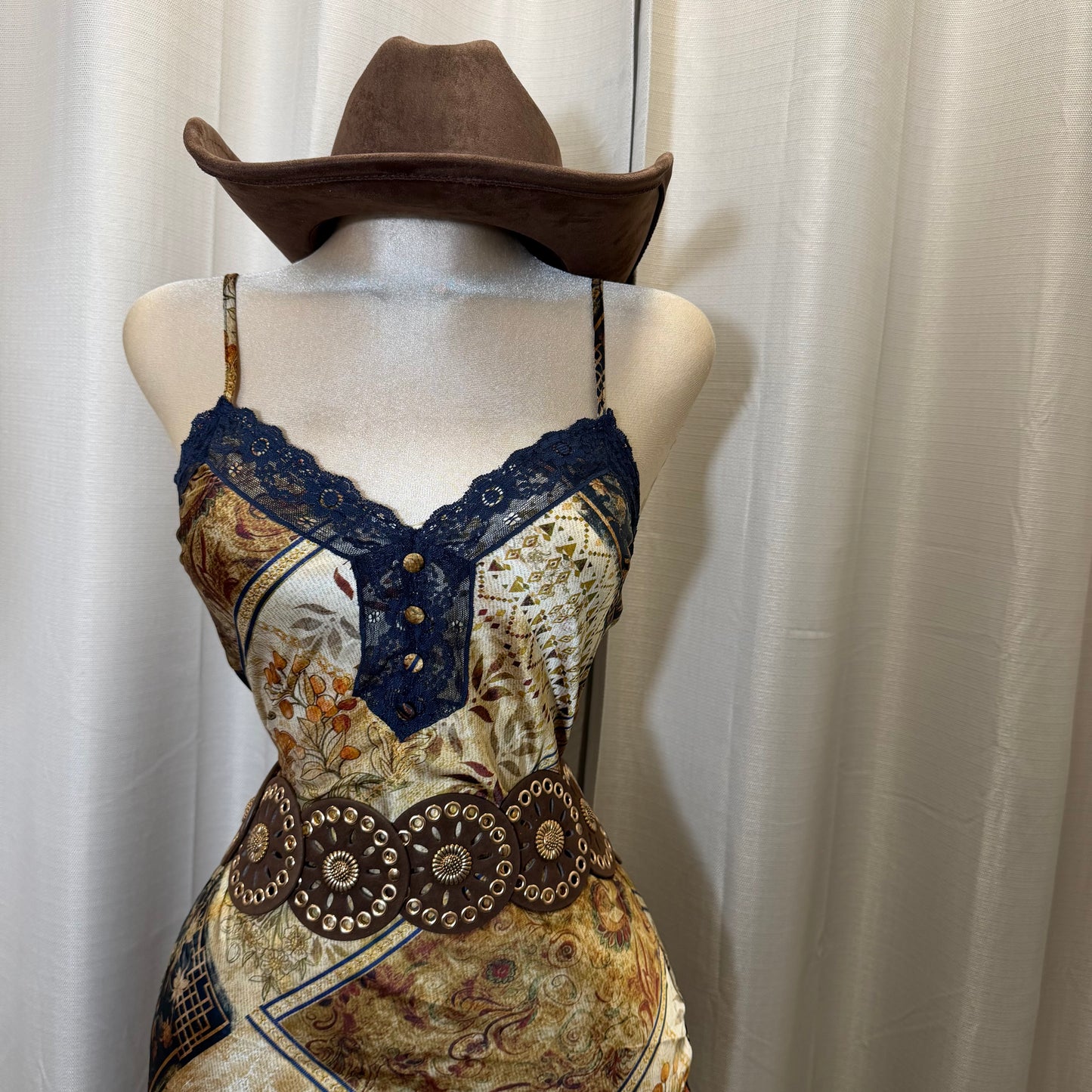 Printed Satin Lace trim Slip Dress-Brown Combo