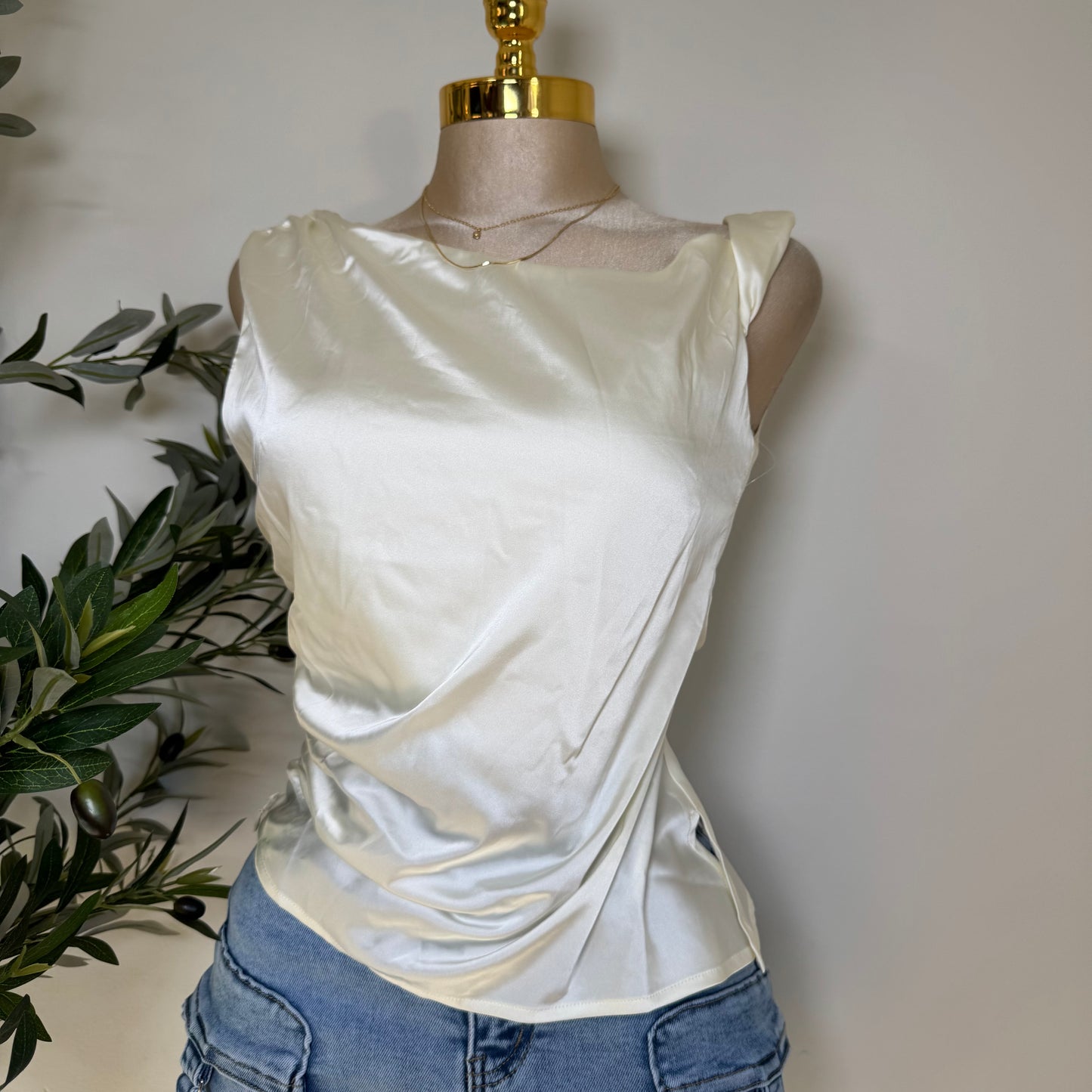 Asymmetrical Satin Top-White