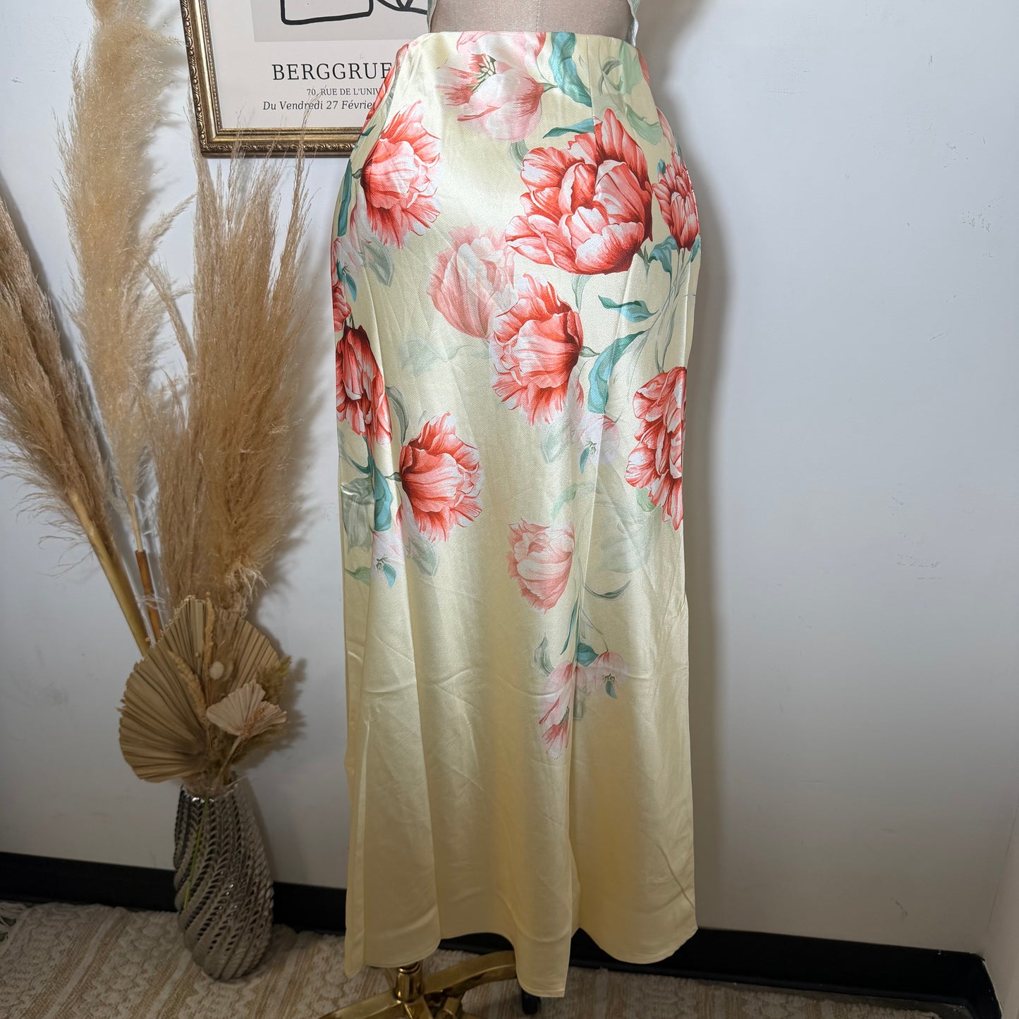Floral strapless Satin Top and Maxi skirt set-Butter yellow