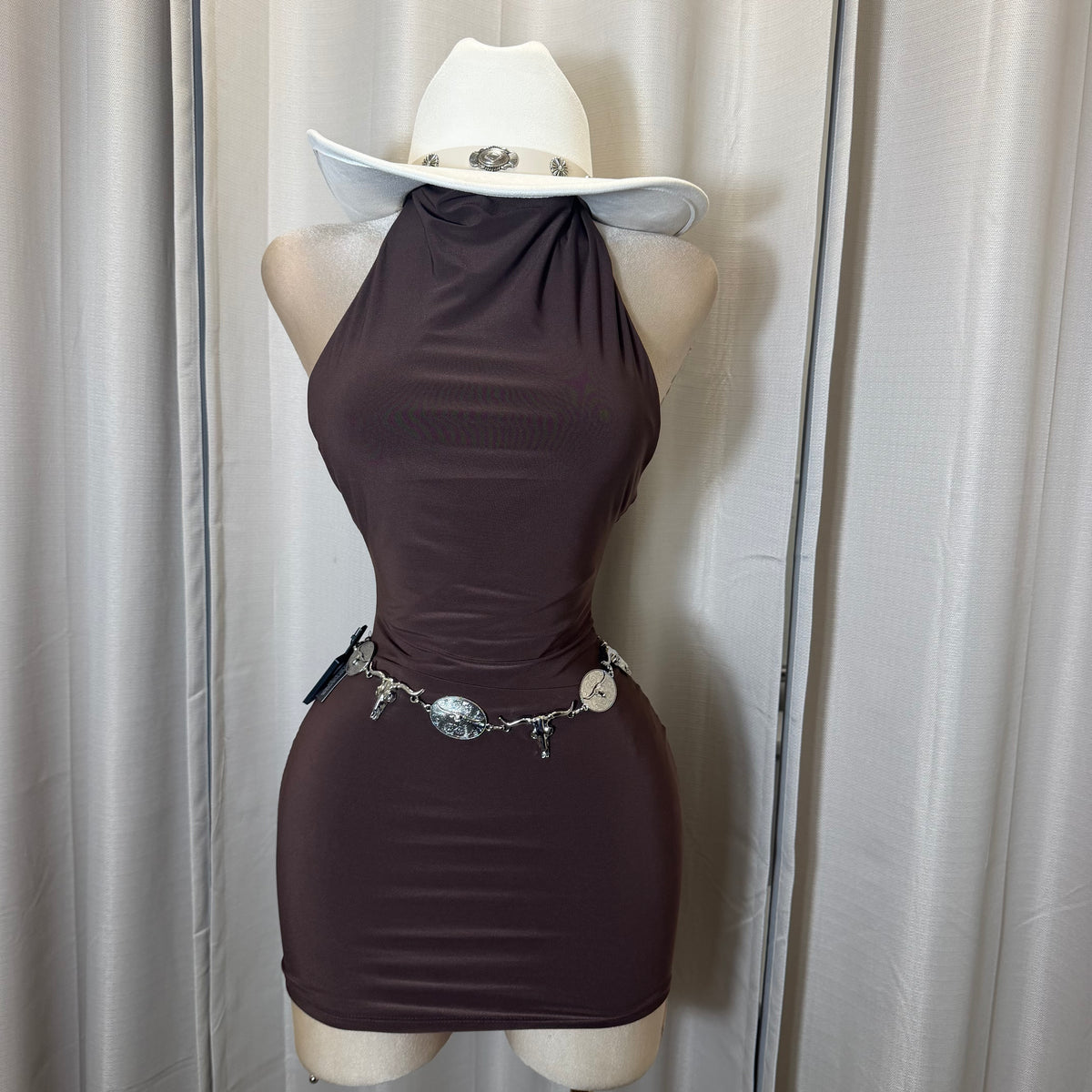 Sleeveless Halter Cowl Neckline Mini Dress-Brown