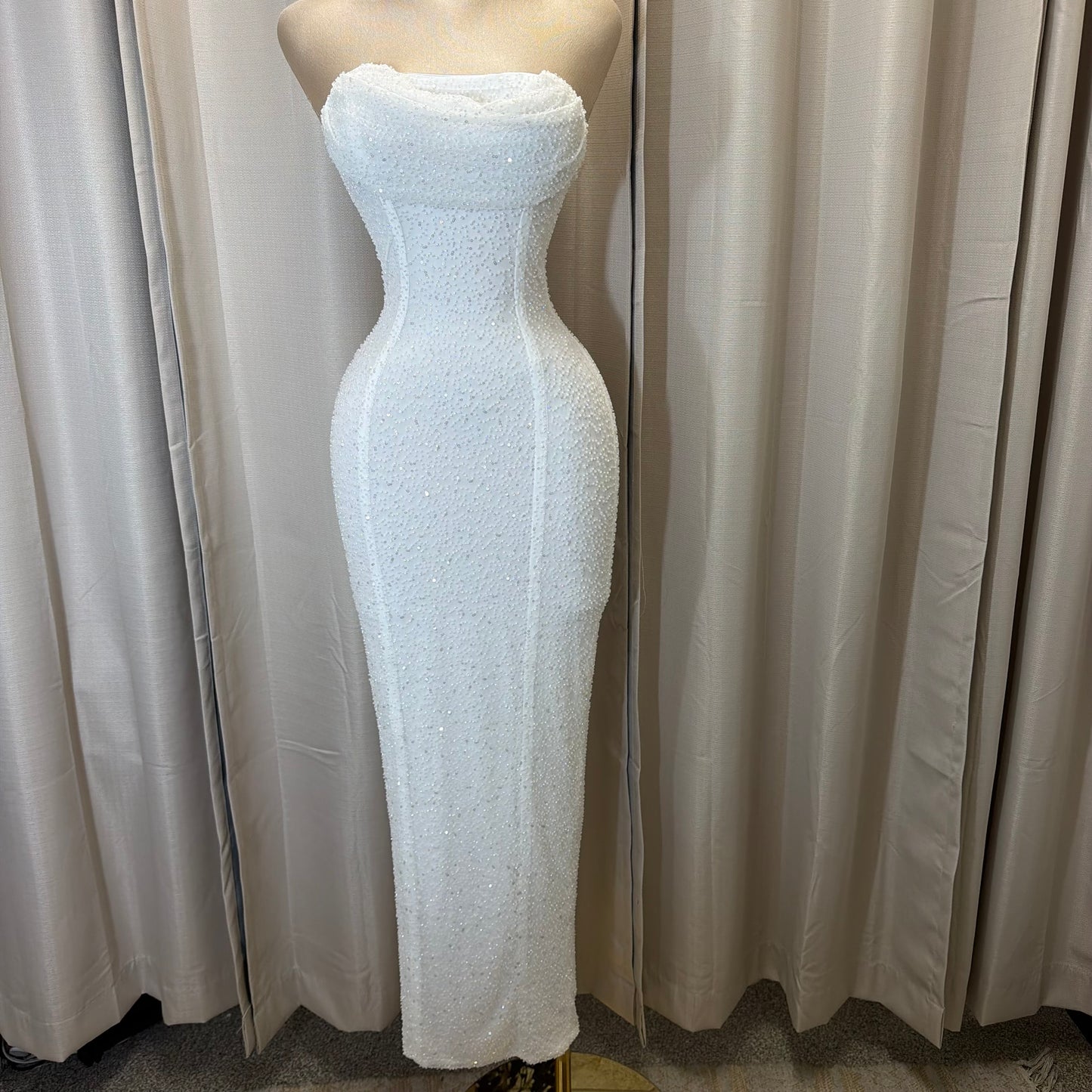 Embellished Bead Bandeau Cowl Neck Tube Maxi Dress-White