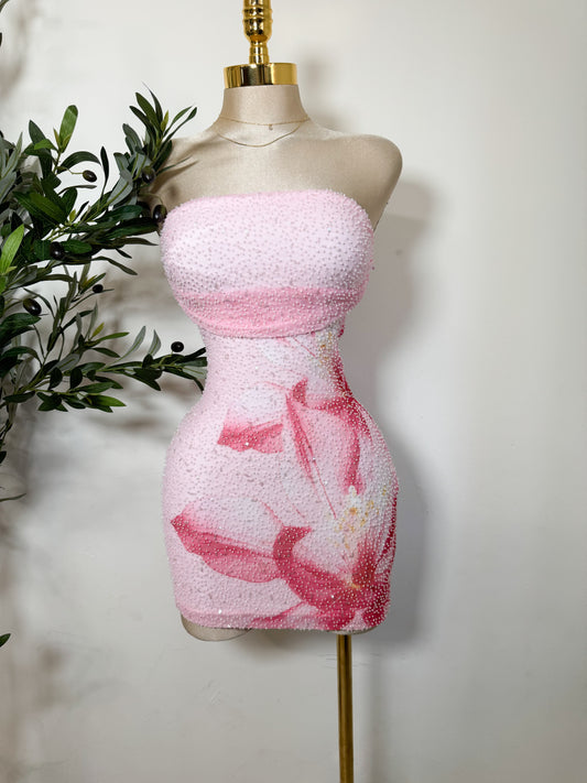 Tropicoqueta Mesh with Beads Floral Print Tube Dress