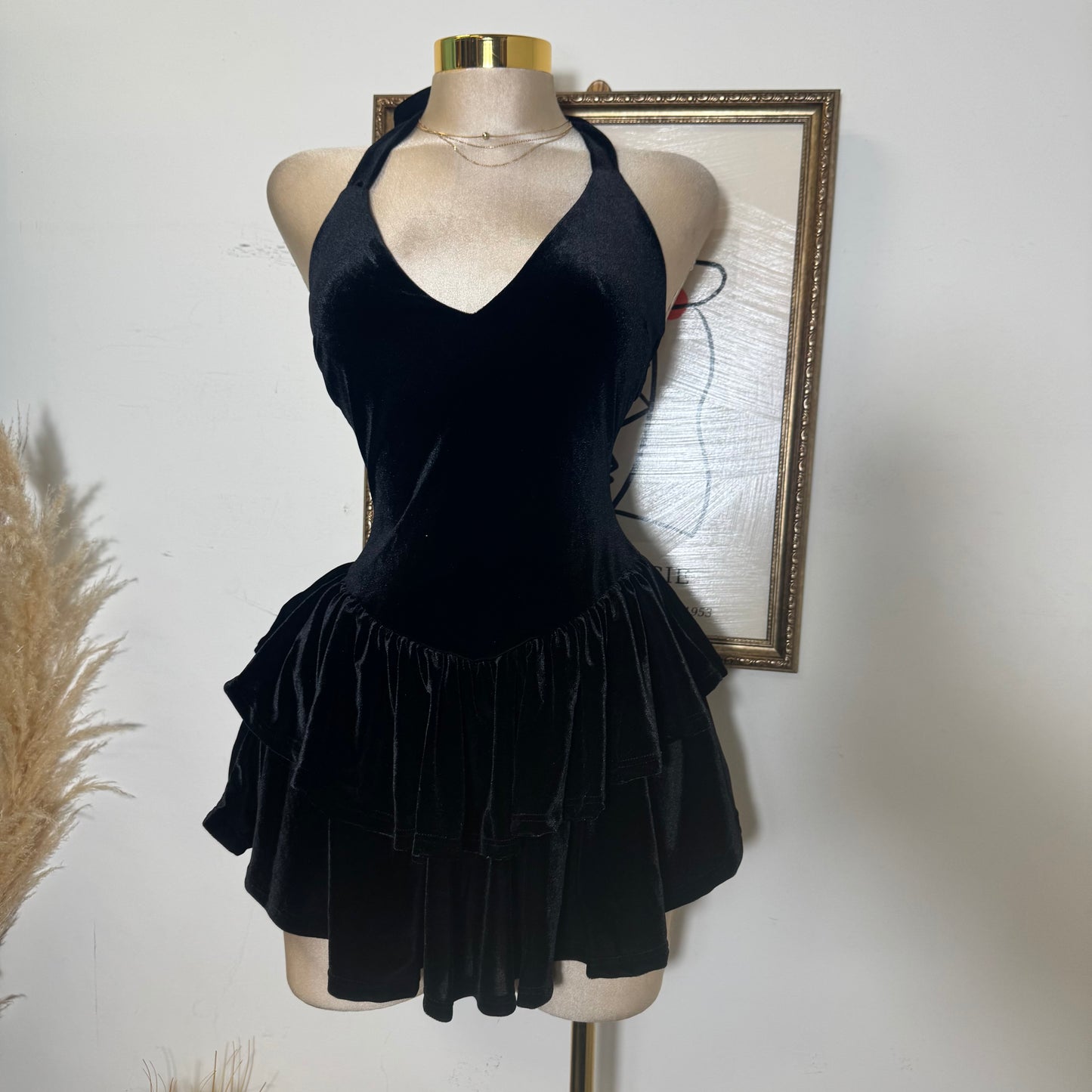 Velvet Halter Double Layer Fit and Flare Dress-Black