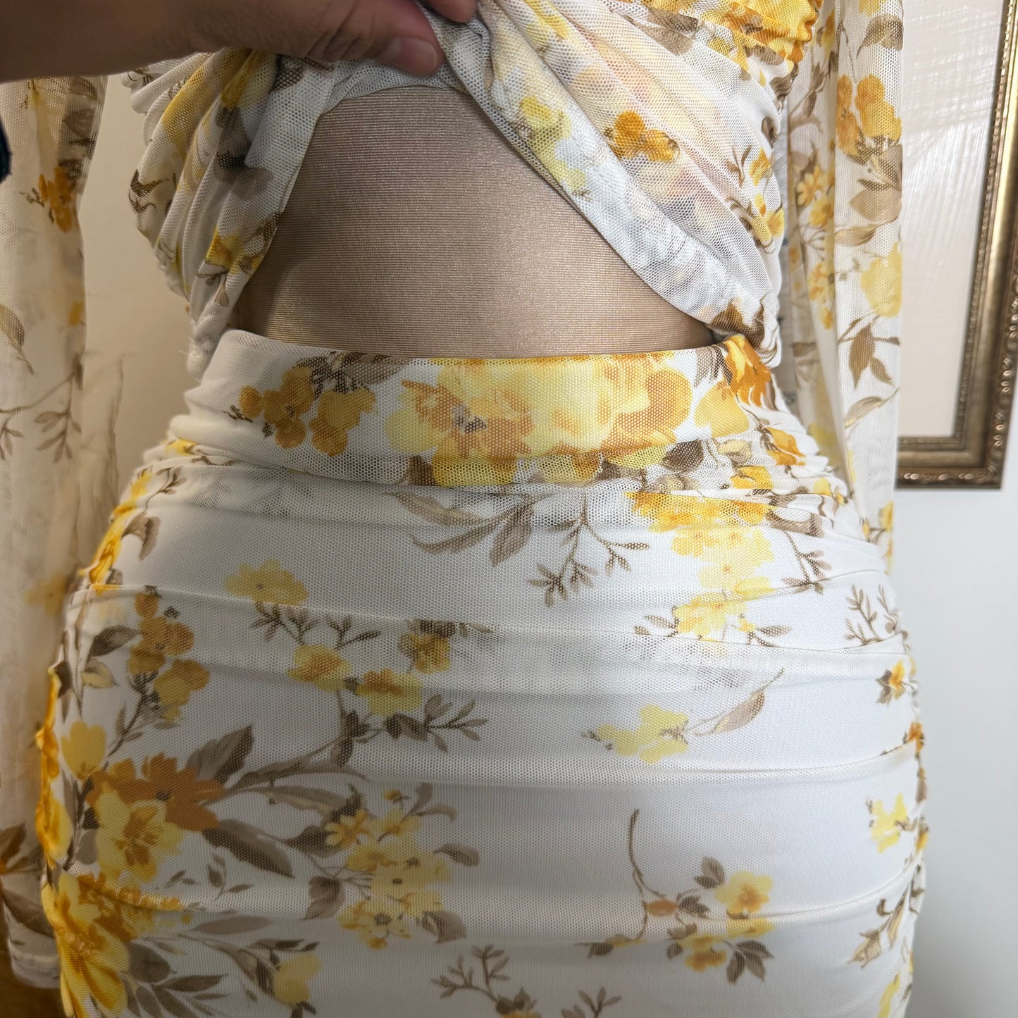 Off shoulder printed Mesh Top and ruched Maxi Skirt Set-Yellow Print