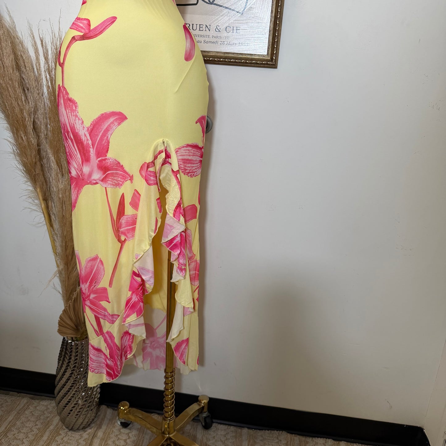 Halter Mesh Open Back Dress-Yellow Combo