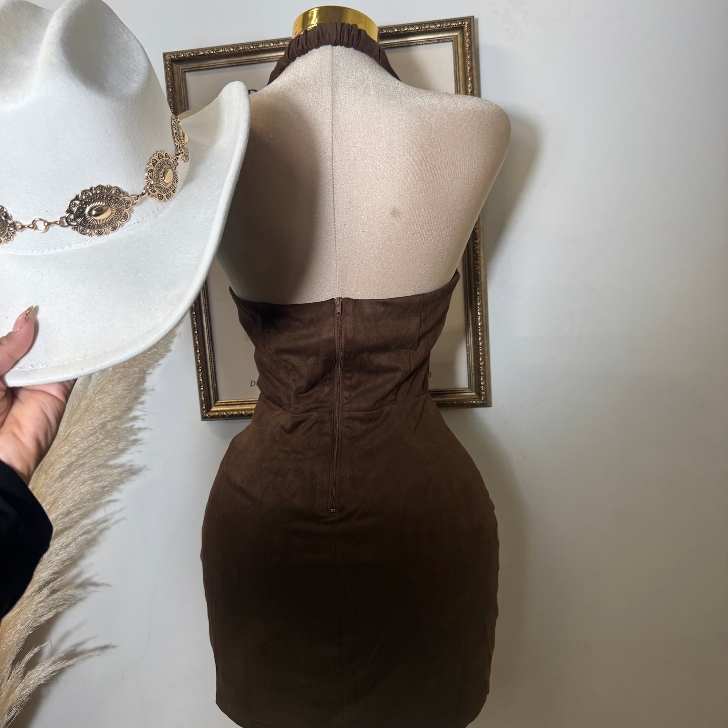 Western Suede Halter Dress-Brown