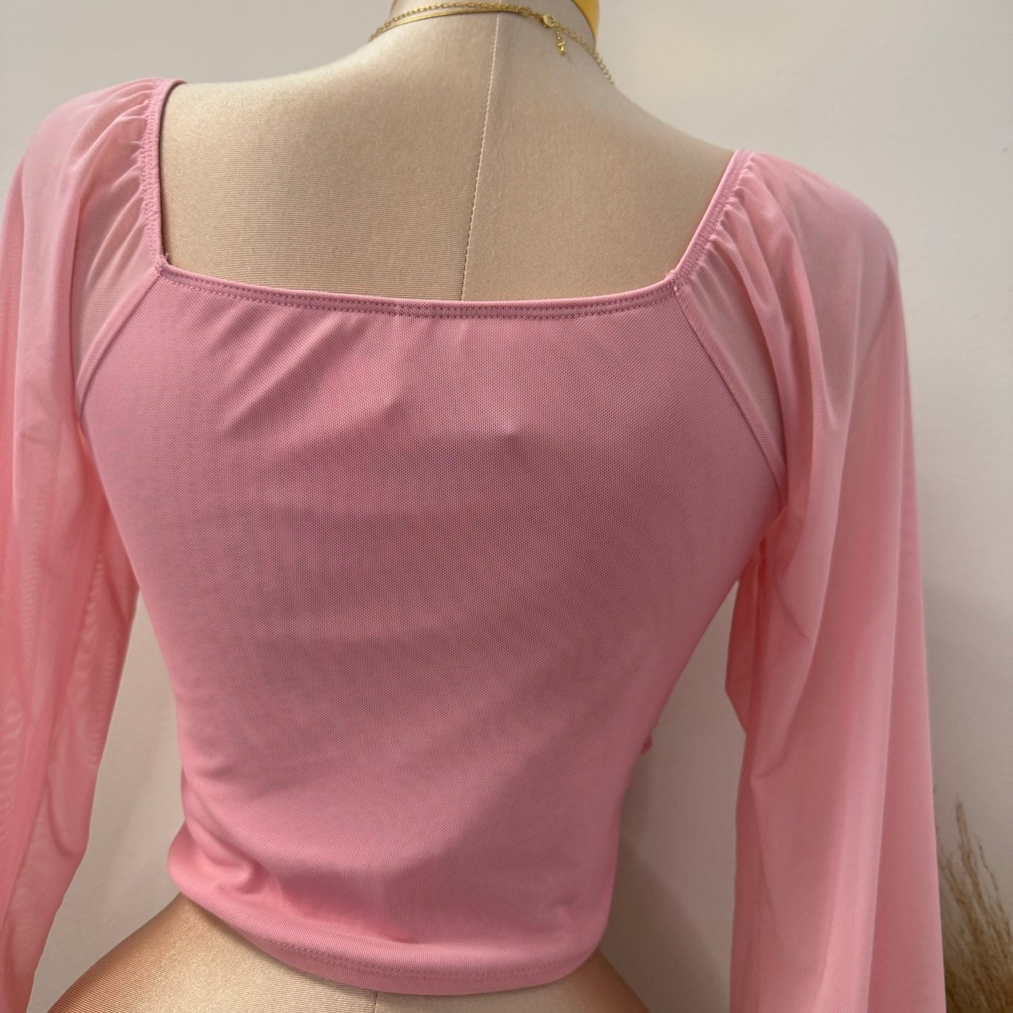 Mesh Long Sleeve Padded Bust Top-Pink