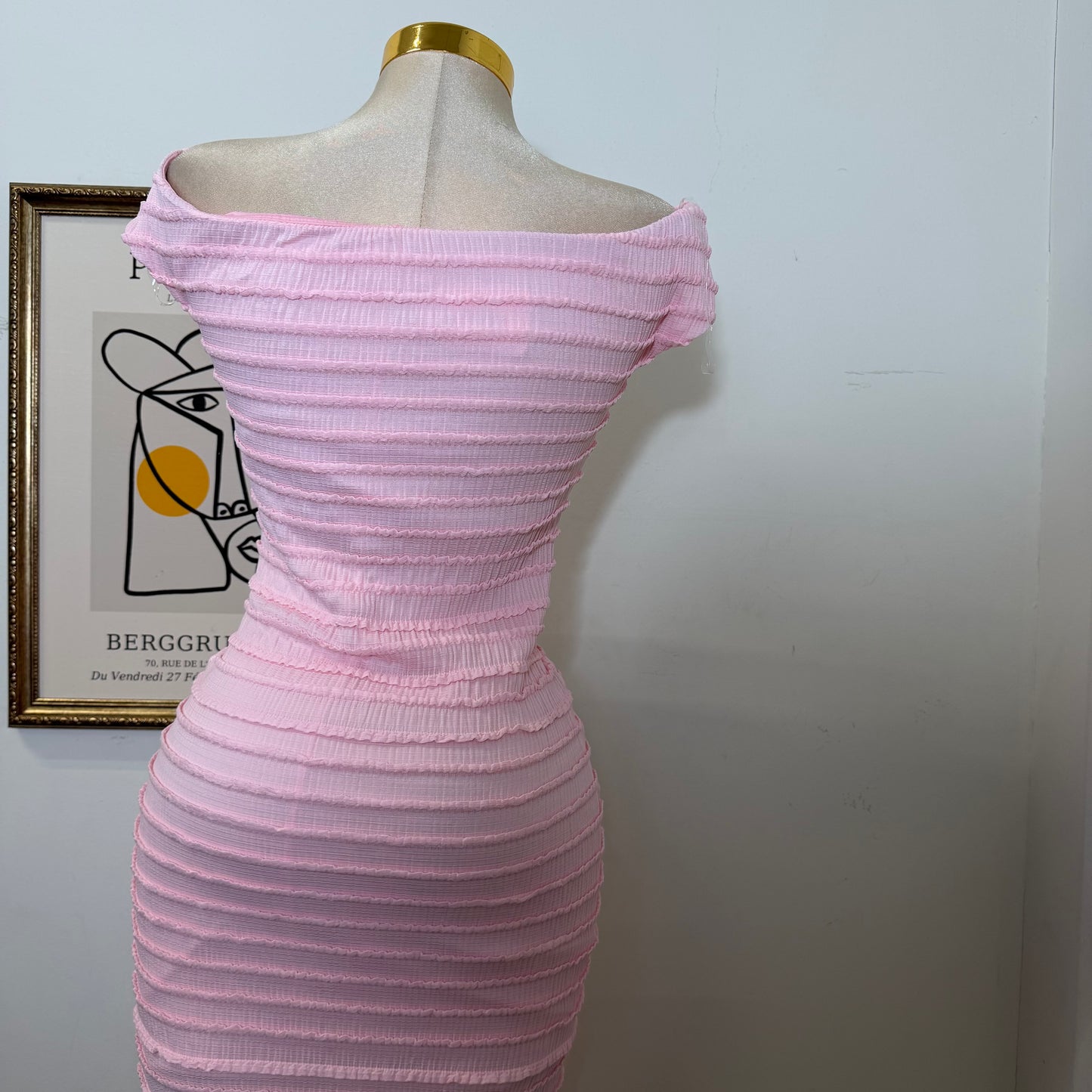 Textured Solid Off shoulder Maxi dress-Pink