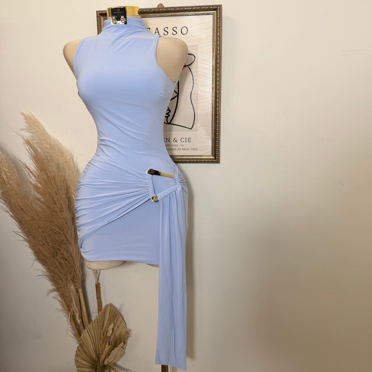 Mock Neck Front Sash With Trim Detail Mini Dress- Baby Blue
