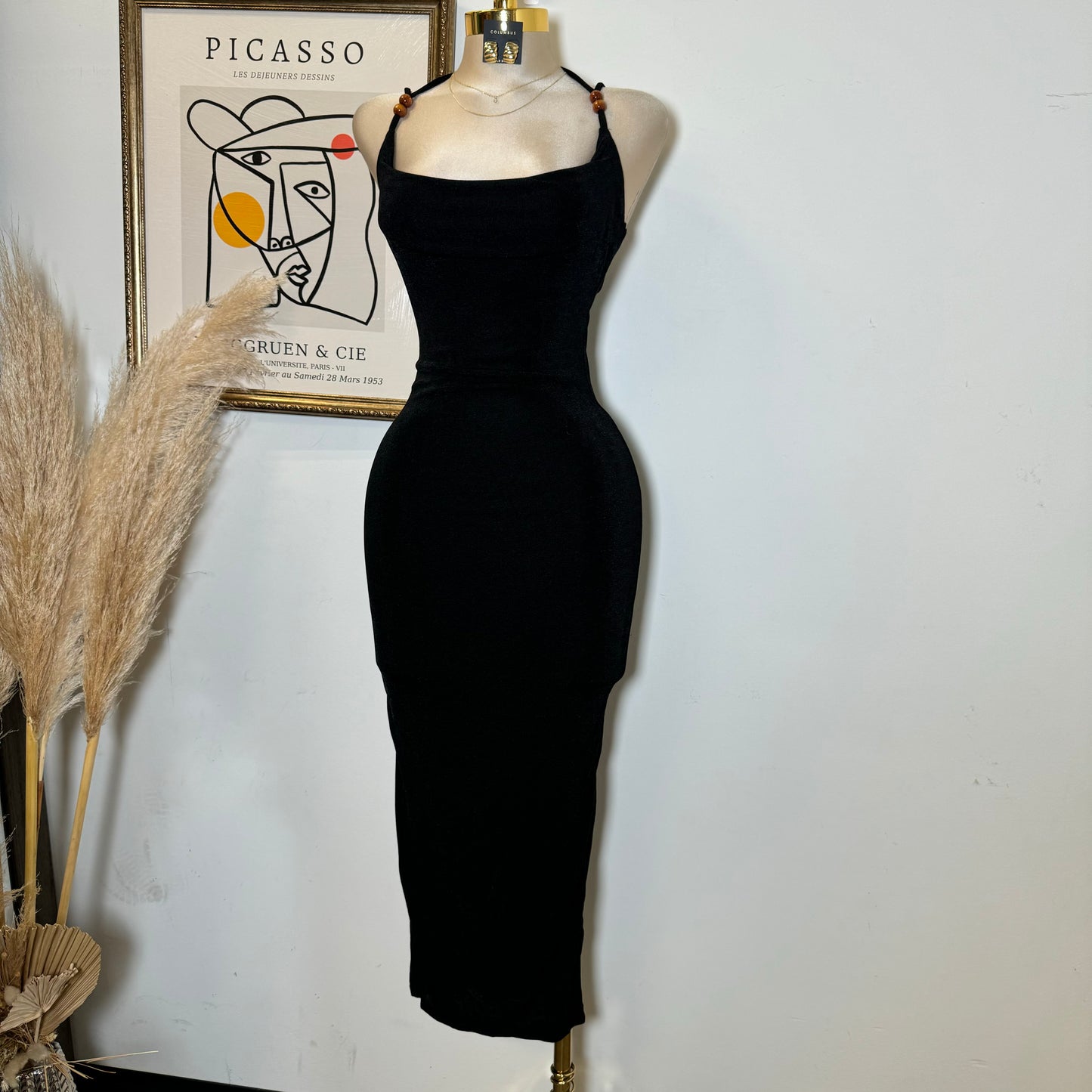 Slinky Cawl Neck Beads Detail Maxi Dress-black
