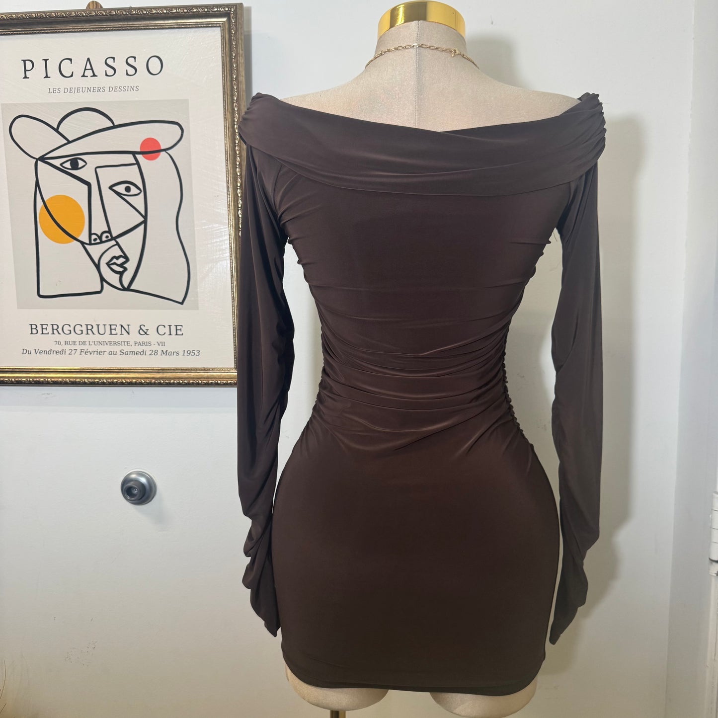 Long Sleeve Off Shoulder Ruched Mini Dress-Brown