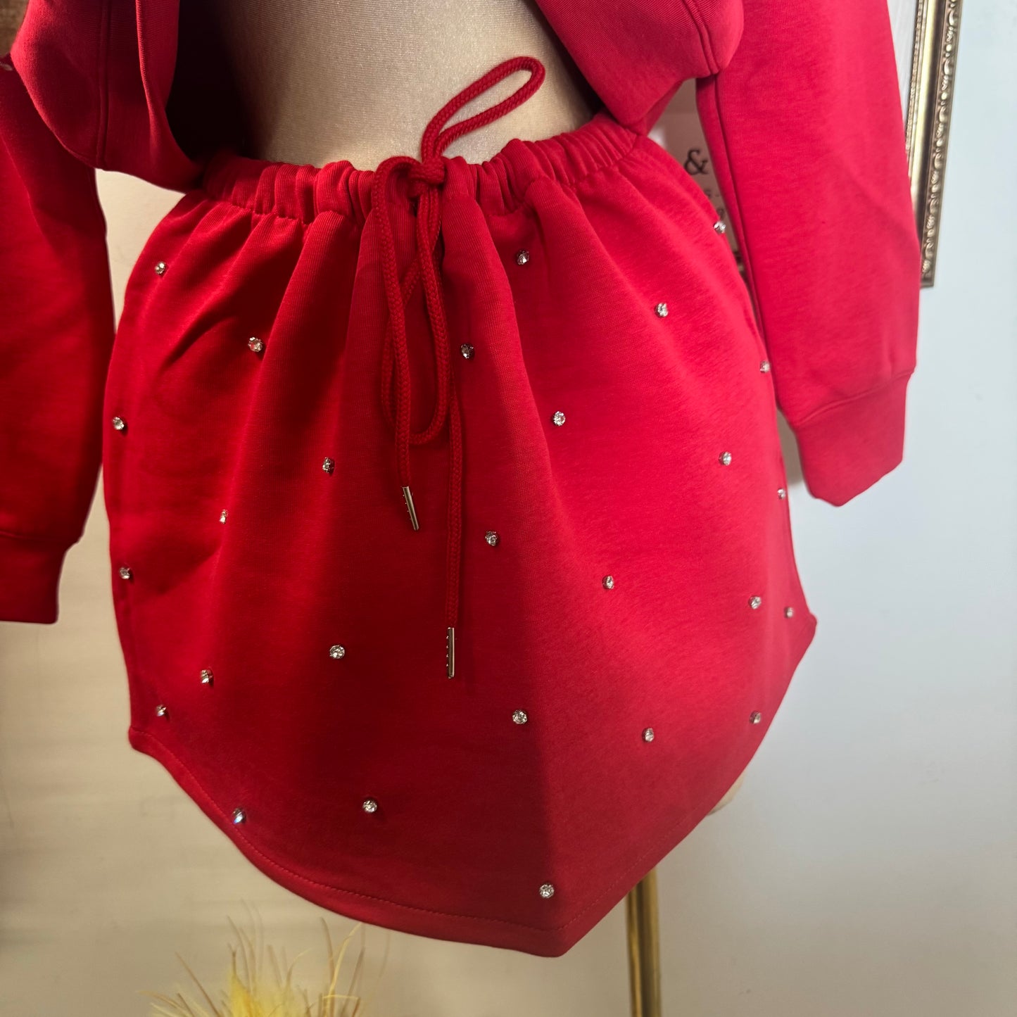 Long Sleeve Embellish scuba Polo Set-Red