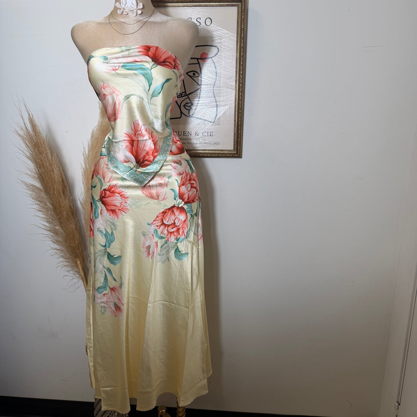 Floral strapless Satin Top and Maxi skirt set-Butter yellow