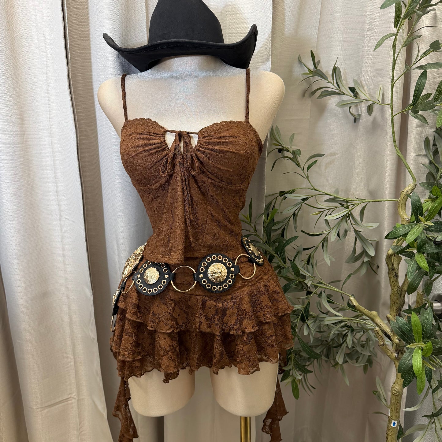 Lace Top and Ruffle Skirt Set-Brown