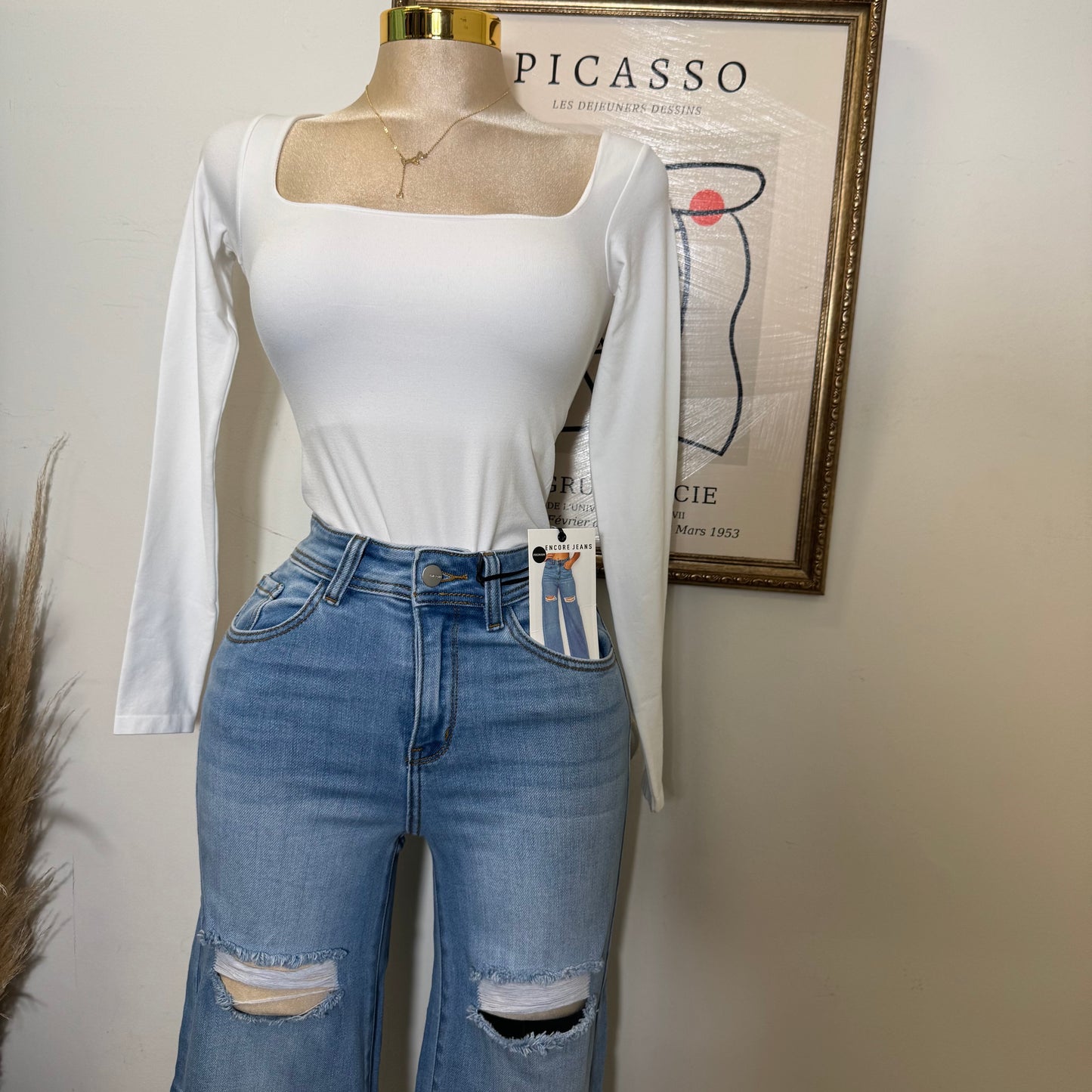 Square Neck Long Sleeveless Bodysuit-White