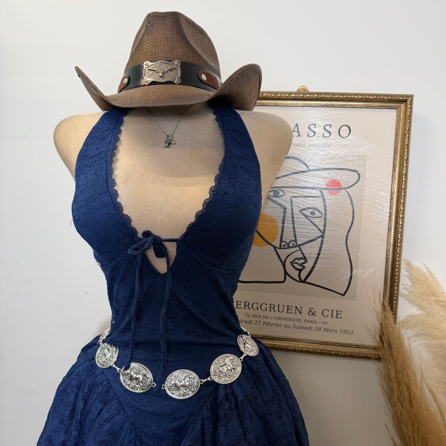 Lace Halter Mini Dress With Flared Skater Skirt-Navy