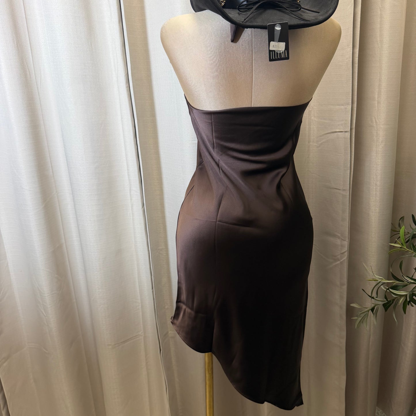 Satin Asymmetrical Midi Dress-Brown