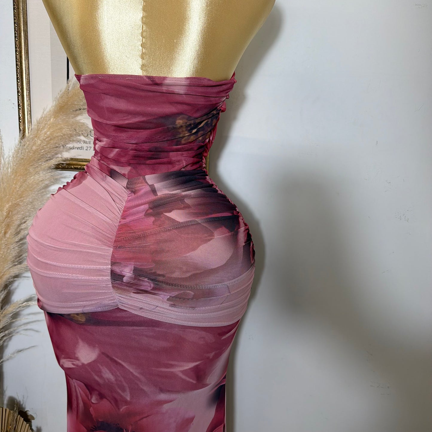 Big Flower Mesh Maxi Tube Dress-Magenta Combo