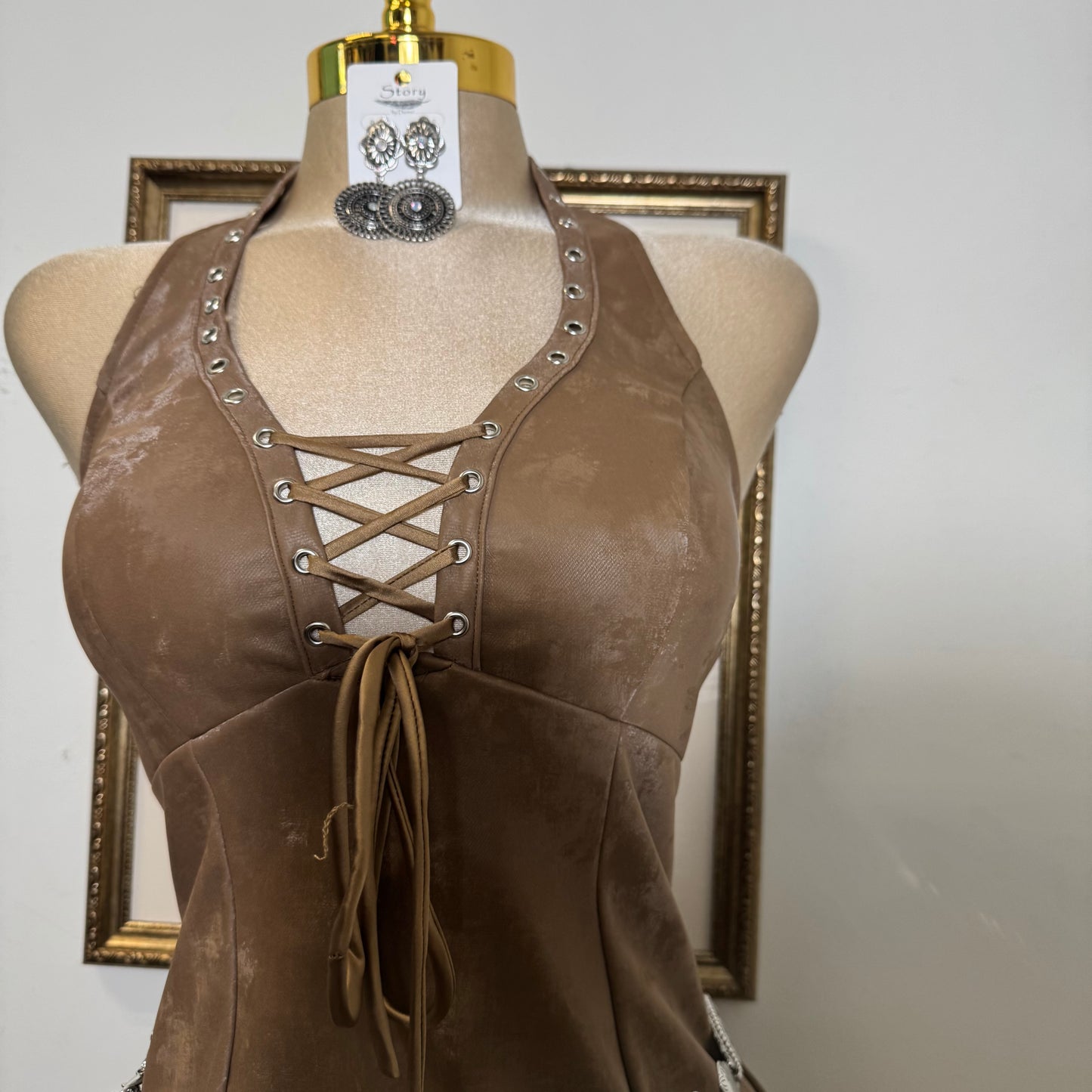 Front Gromment lace up Halter flare mini Dress-Camel