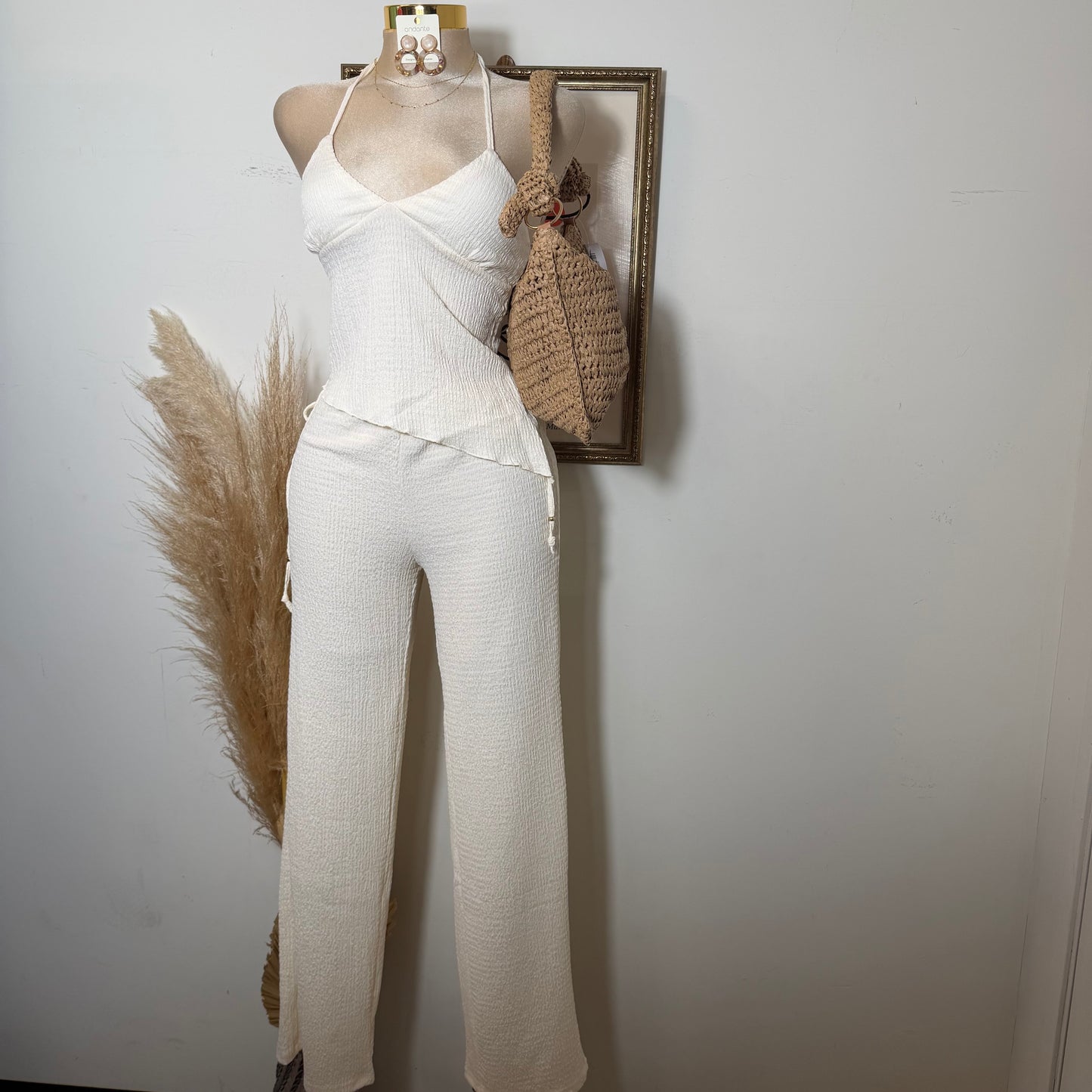 Asymmetrical hem Halter Top Wide leg Set-Ivory