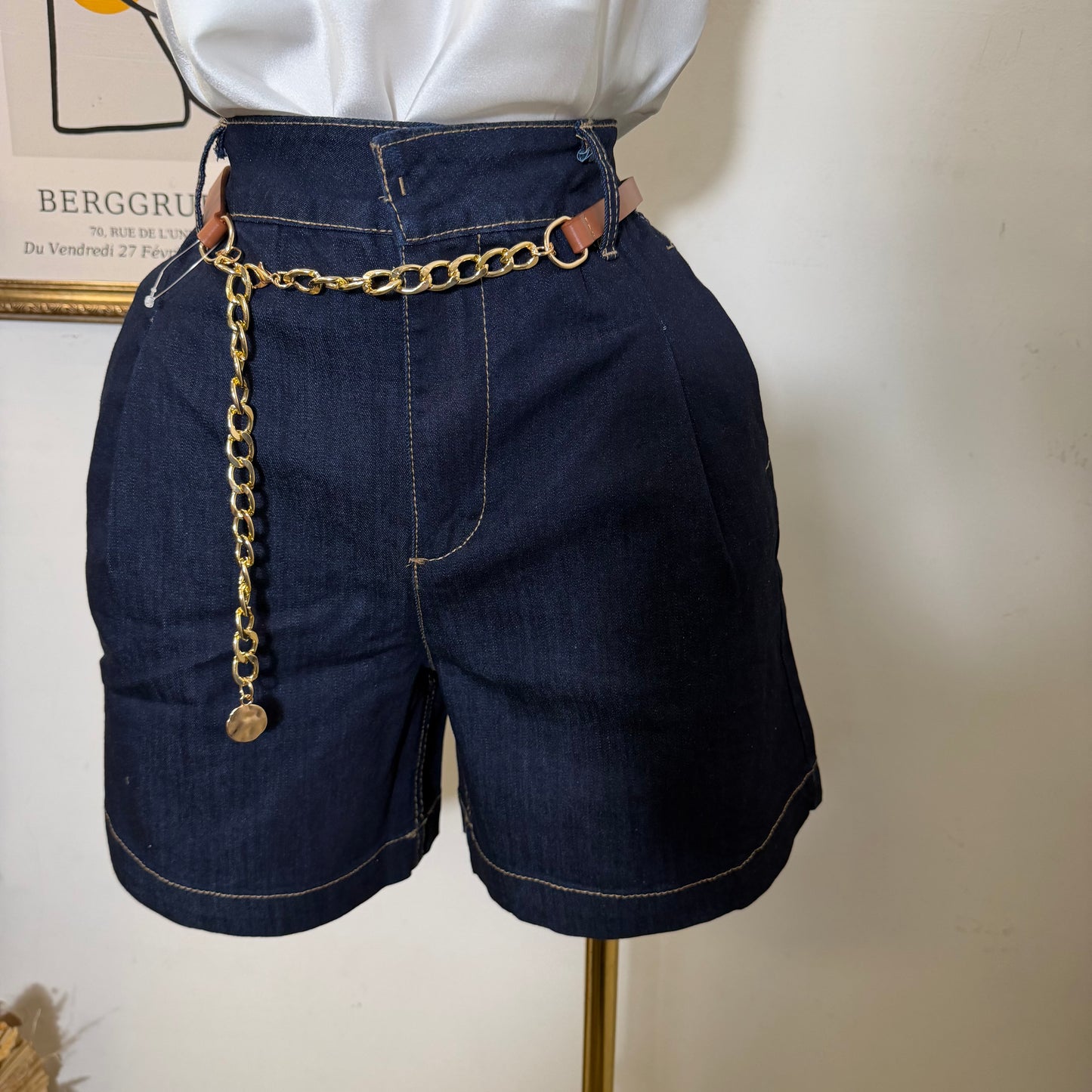 High Waisted Belt Mom Shorts-Indigo