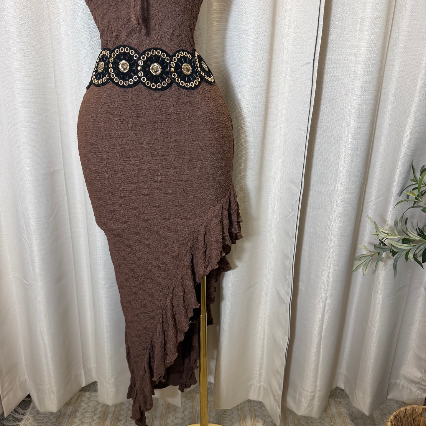 Daisy Asymmetric Skirt Midi Dress-Brown
