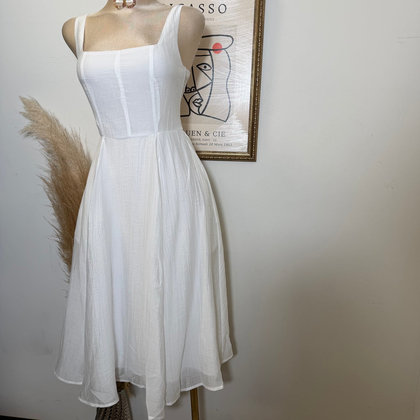 Square Neck picnic  Midi Dress-white