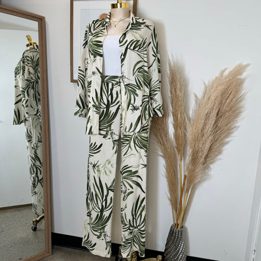 Palm Linen Pant Set-Green/white