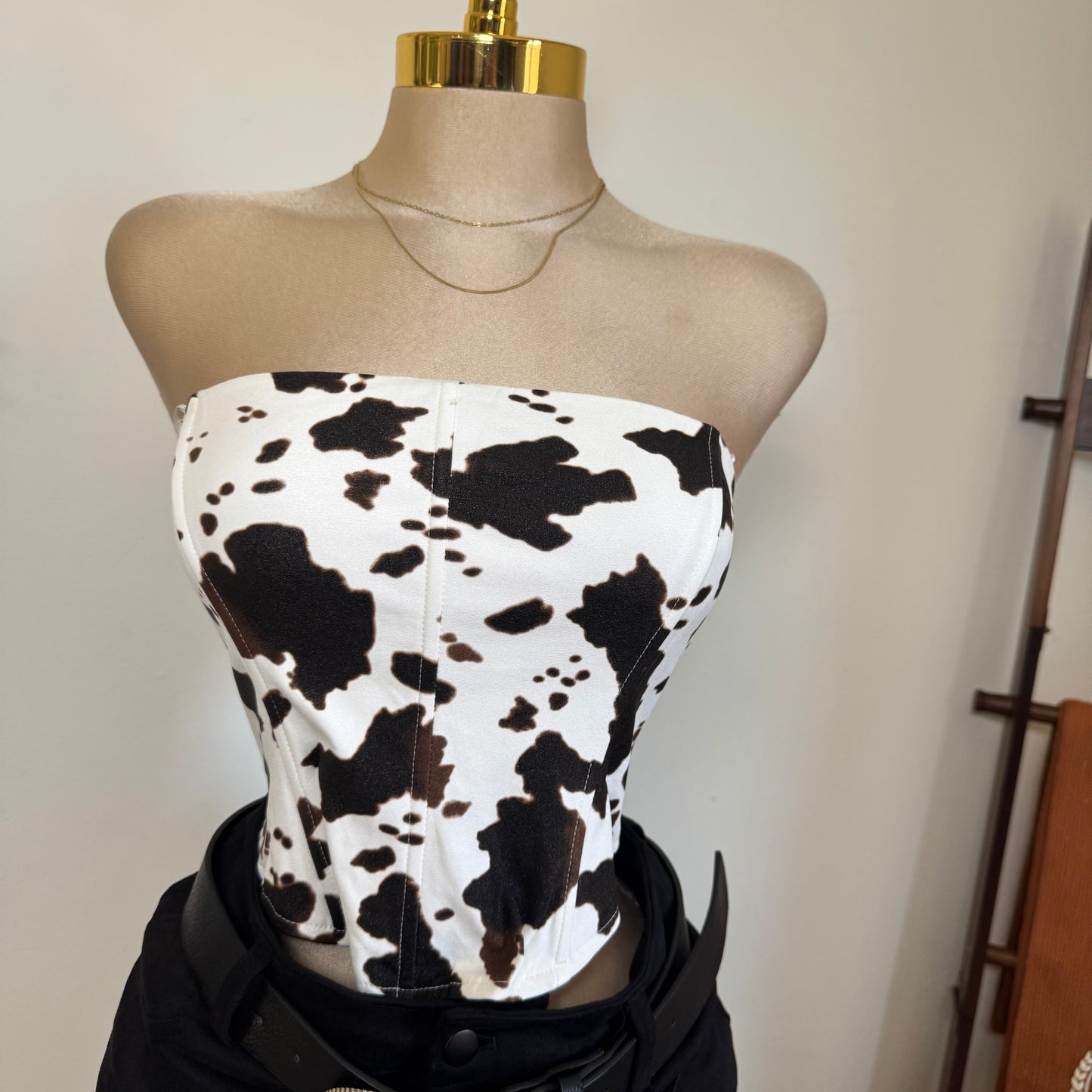 Strapless Cow Print Suede Corset Top