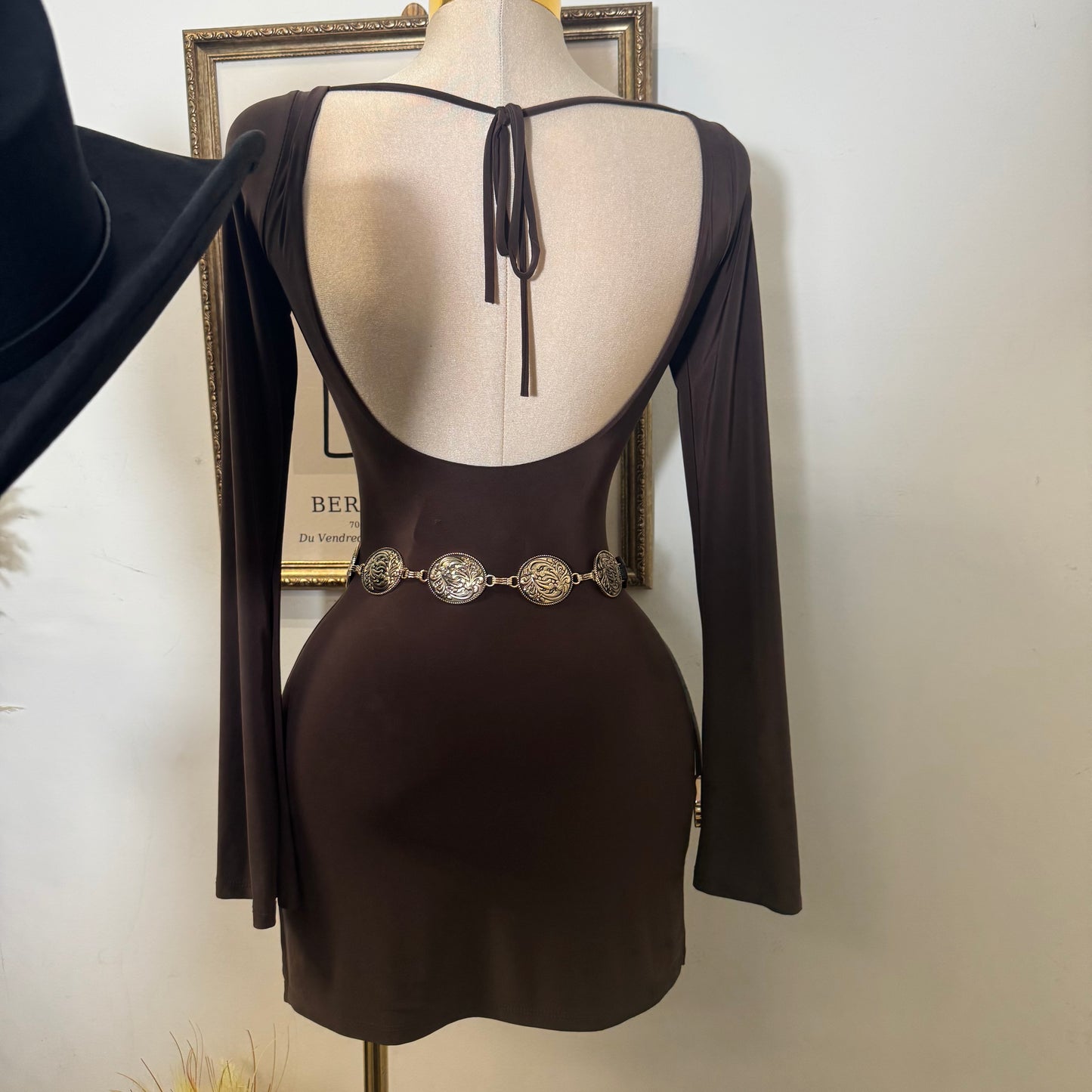 Long Bell Sleeveless Open Back Slits Mini Dress-Brown