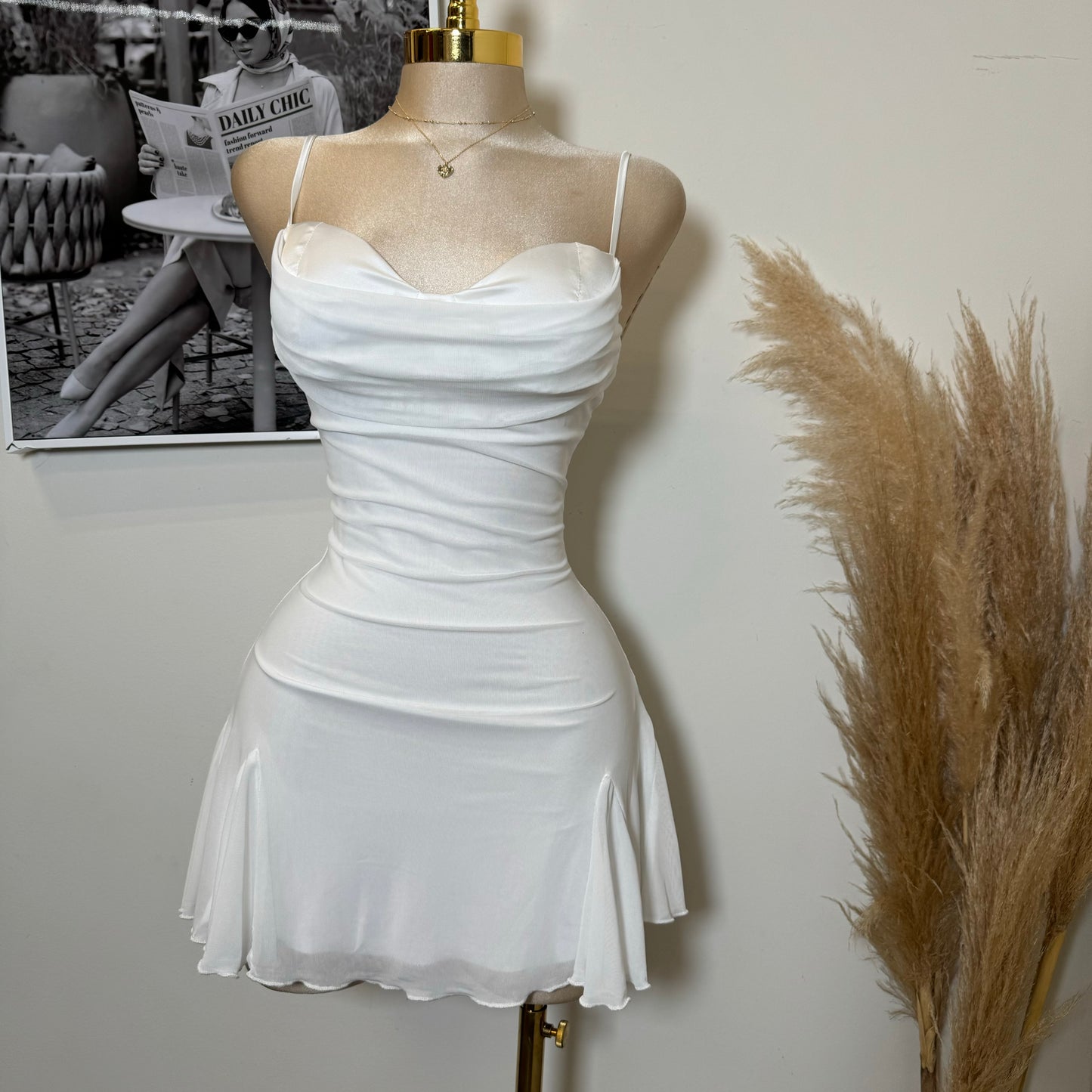 Mesh Mini Dress-White