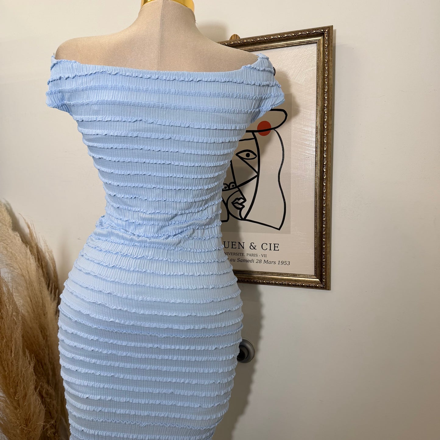 Textured Solid Off shoulder Maxi dress-Blue