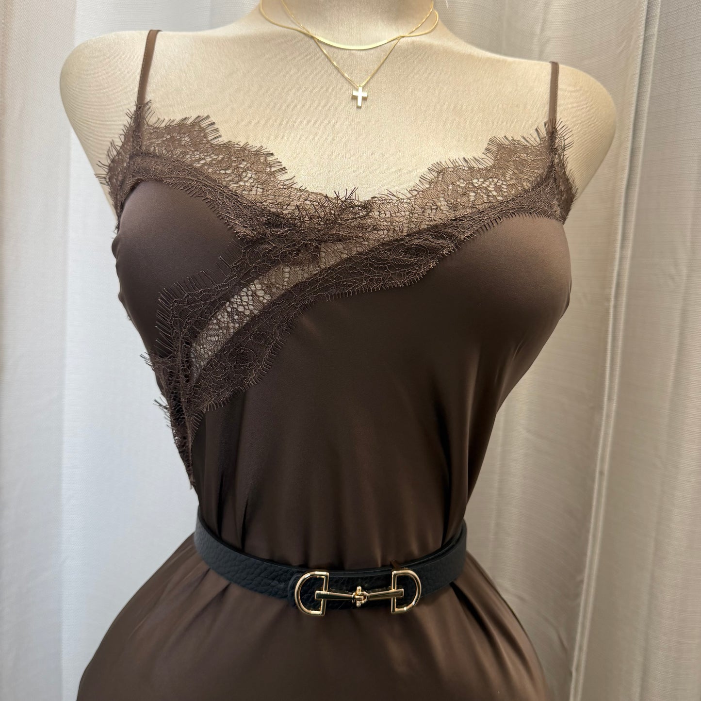 Satin Asymmetrical Lace detail Dress-brown