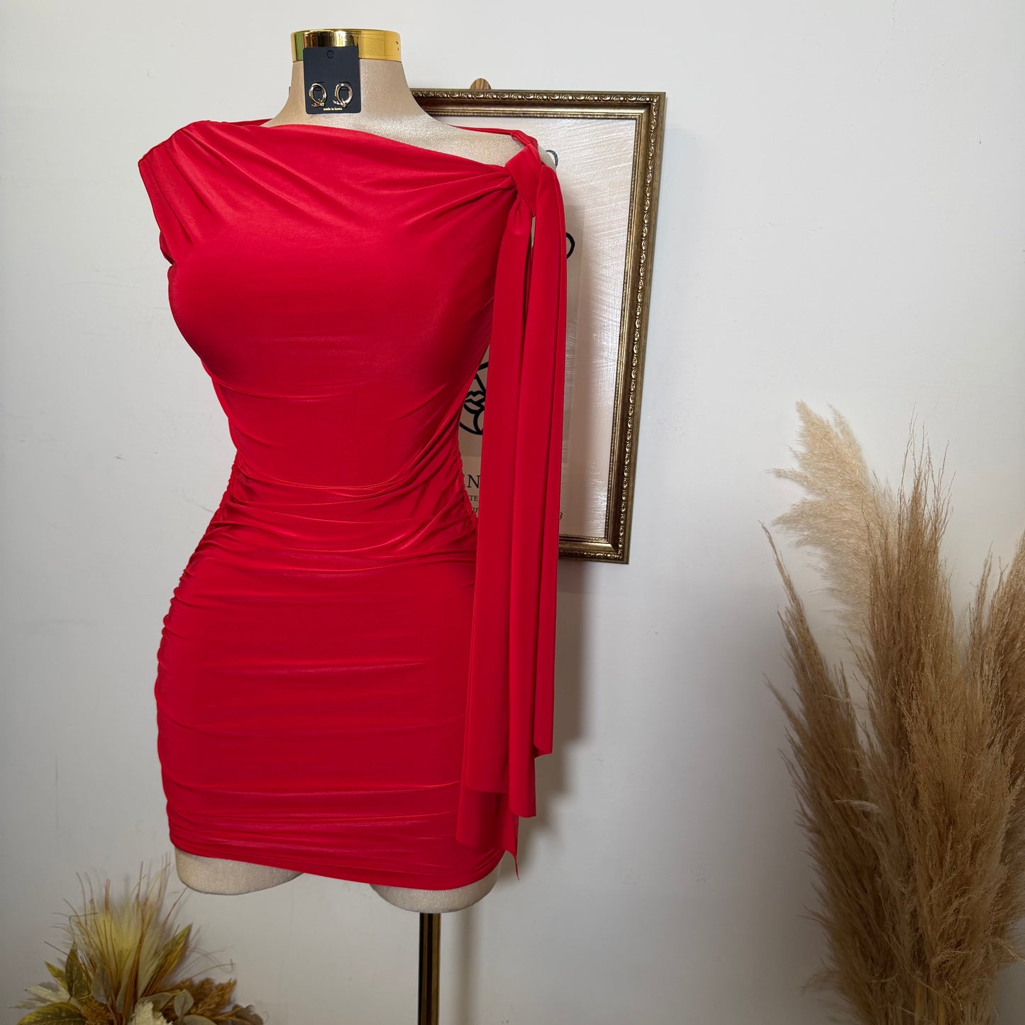 Off Shoulder Ruched Side Tie Mini Dress-Red